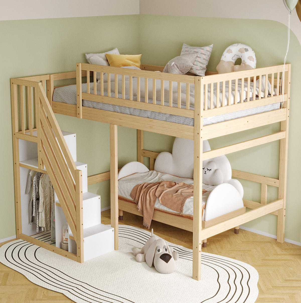 HOCHBETT 140/200 cm aus Holzwerkstoff mit Aufbewahrungstreppe und hohem Geländer, Natur - Naturfarben, Holzwerkstoff (140/200cm) - Redom