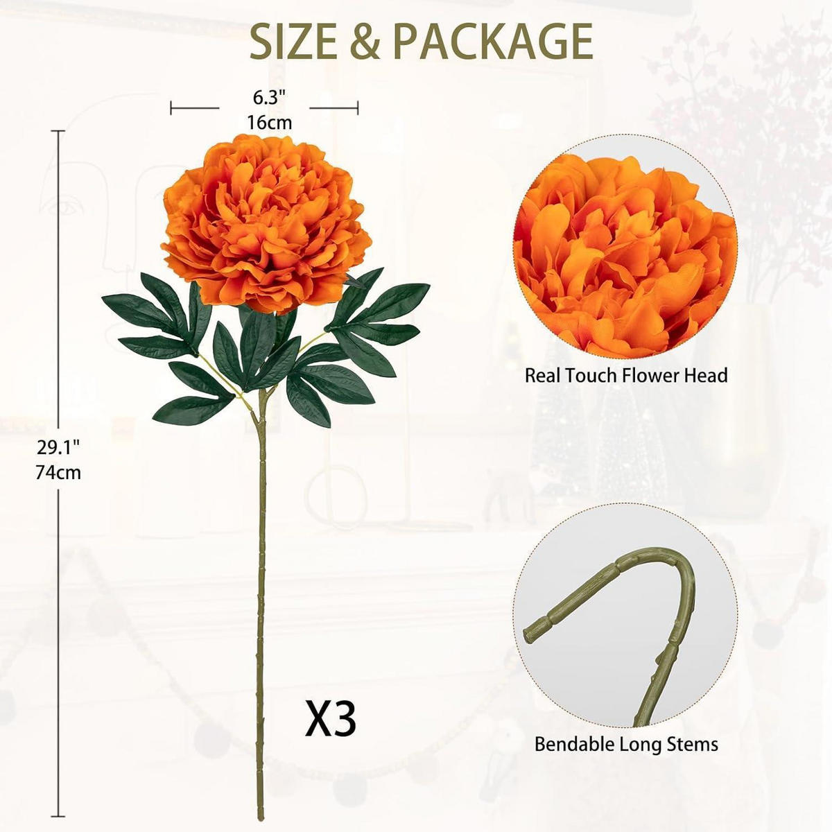 KÜNSTLICHE Pfingstrosen 3er Set 74 cm Orange - Orange, Kunststoff (38cm)
