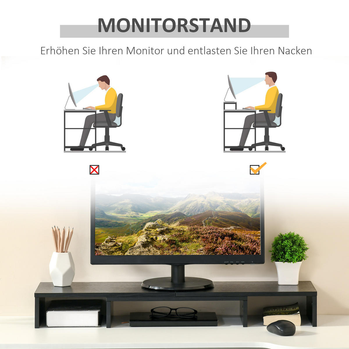 MONITORSTÄNDER - Schwarz, Holzwerkstoff (117/23.5/10cm) - Vinsetto