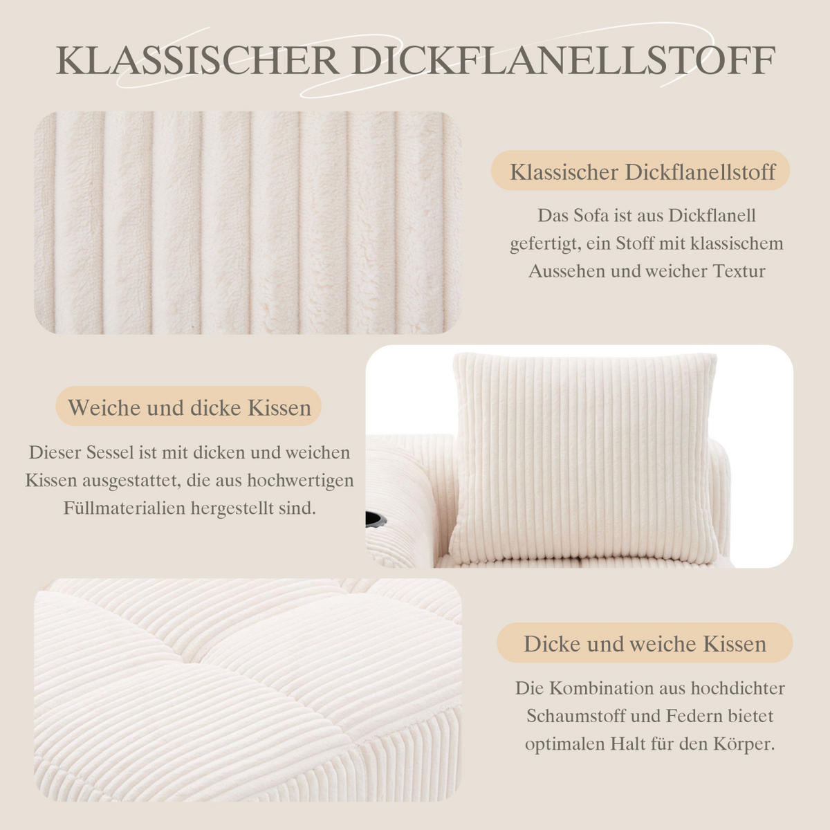 SOFA Beige, Relaxsessel Cord mit Getränkehalter und Seitentasche, ohne Montage - Beige, Textil (158/61/93cm) - PARAFTA HOME
