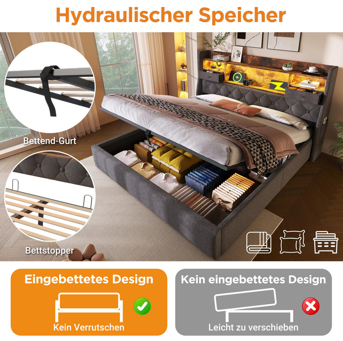 POLSTERBETT 160/200 cm Grau aus Leinen mit LED und Stauraum - Grau, Textil (160/200cm) - OKMYHOME