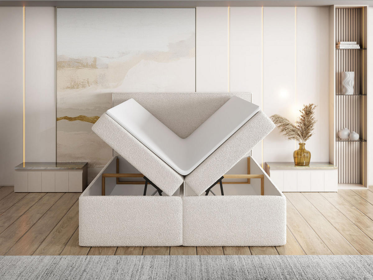 BOXBETT Terra mit Bettkasten, Creme Boucle 120x200 cm – inkl. H3 Matratze und H3 Foam Topper - Beige/Weiß, Holzwerkstoff/Kunststoff (120/200cm) - WFL GROUP