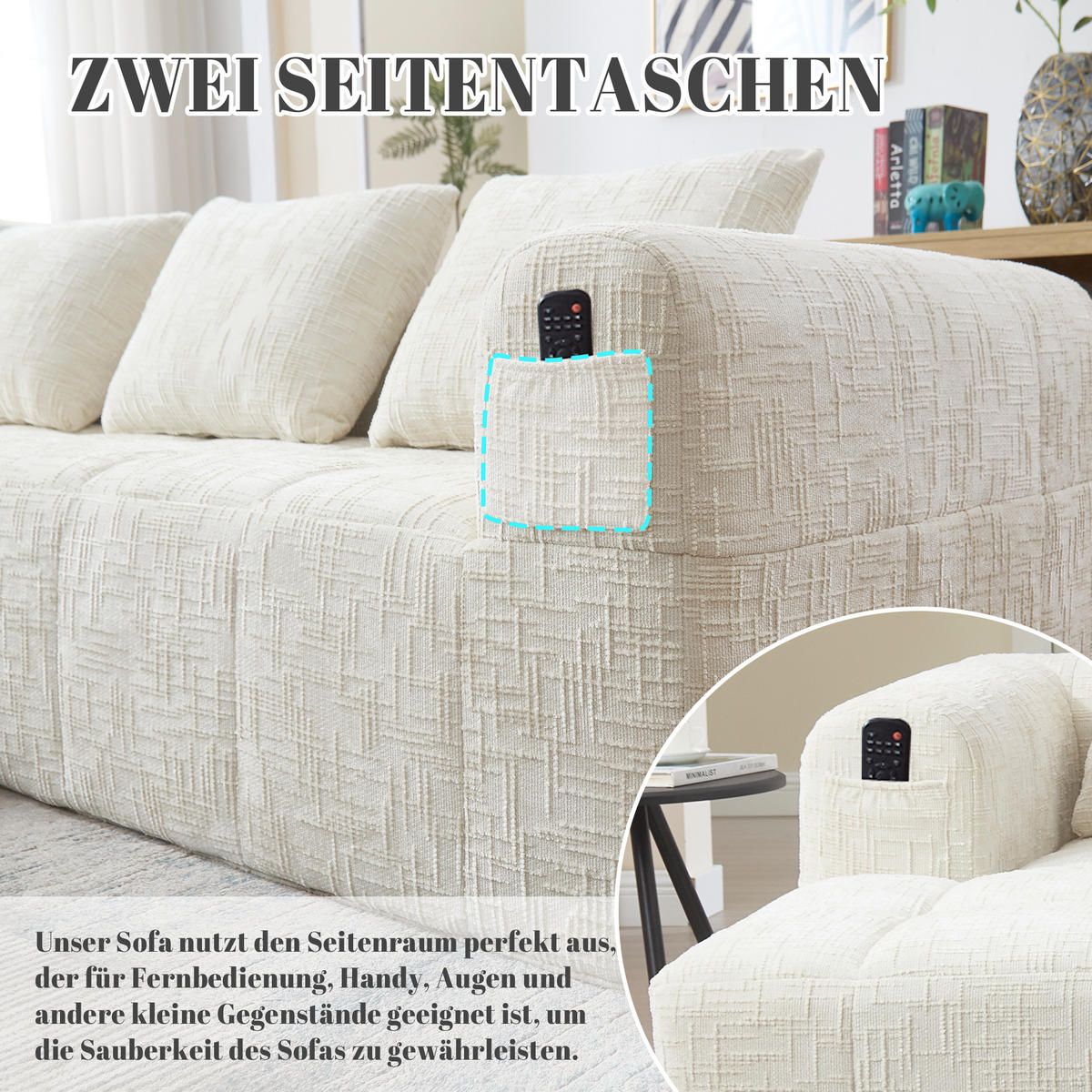 ECKSOFA Chenille Beige mit Kissen und Seitentaschen - Beige, Textil (250/158cm) - WISHDOR