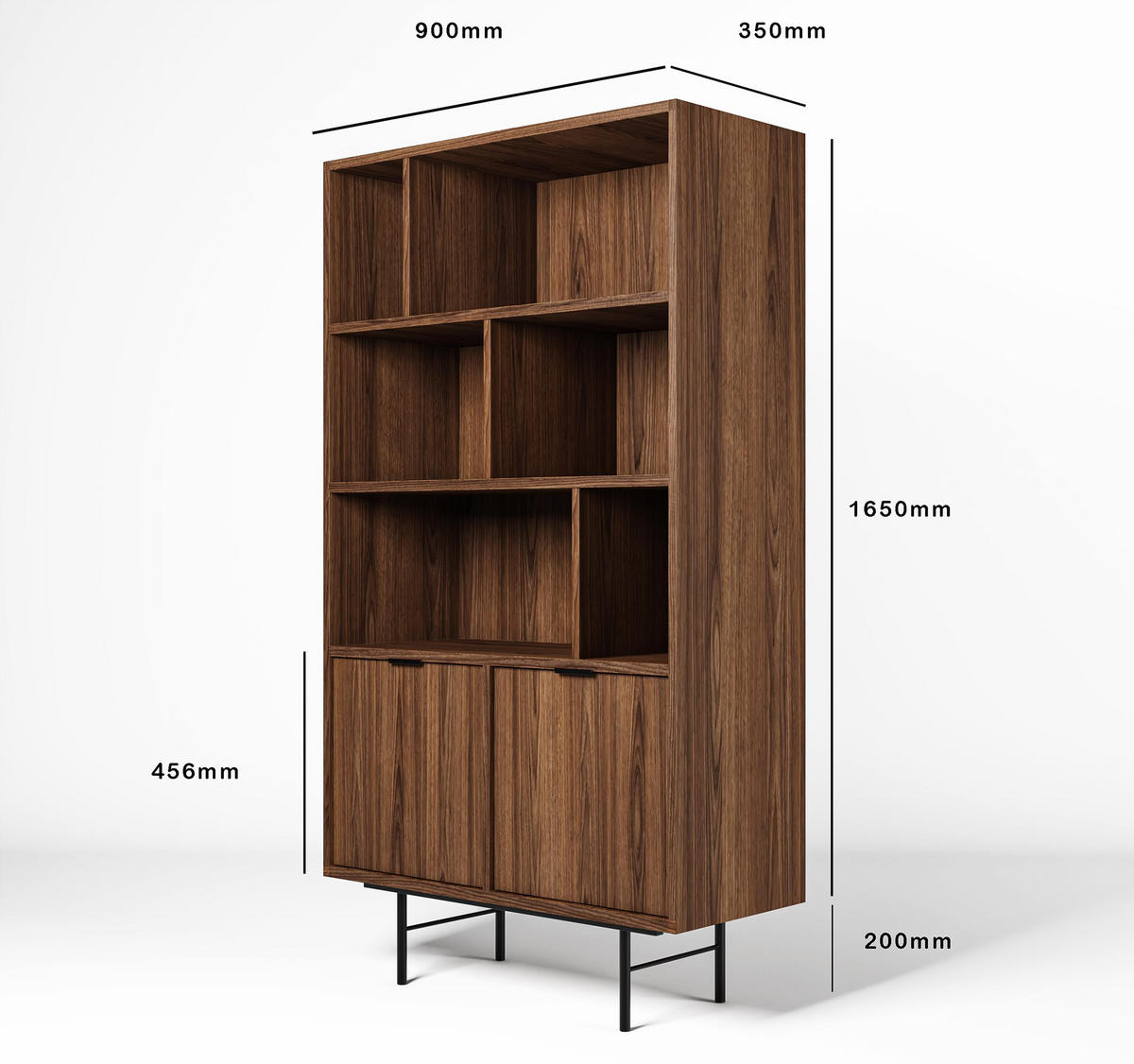 REGAL Nordiva 2T Warmia Walnut 90/185/35 cm – Offene Fächer - Walnussfarben/Schwarz, Holzwerkstoff/Metall (90/185/35cm) - AX Living