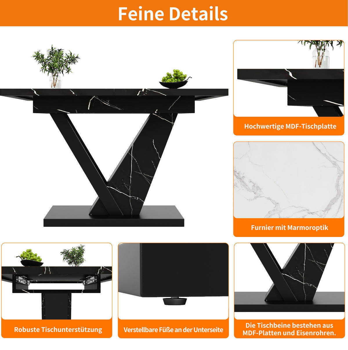 ESSTISCH ausziehbar, MDF mit Marmormuster & Metallgestell, 120-160/75/75,5 cm, Schwarz - Schwarz, Holzwerkstoff (120/75/75.5cm) - Redom