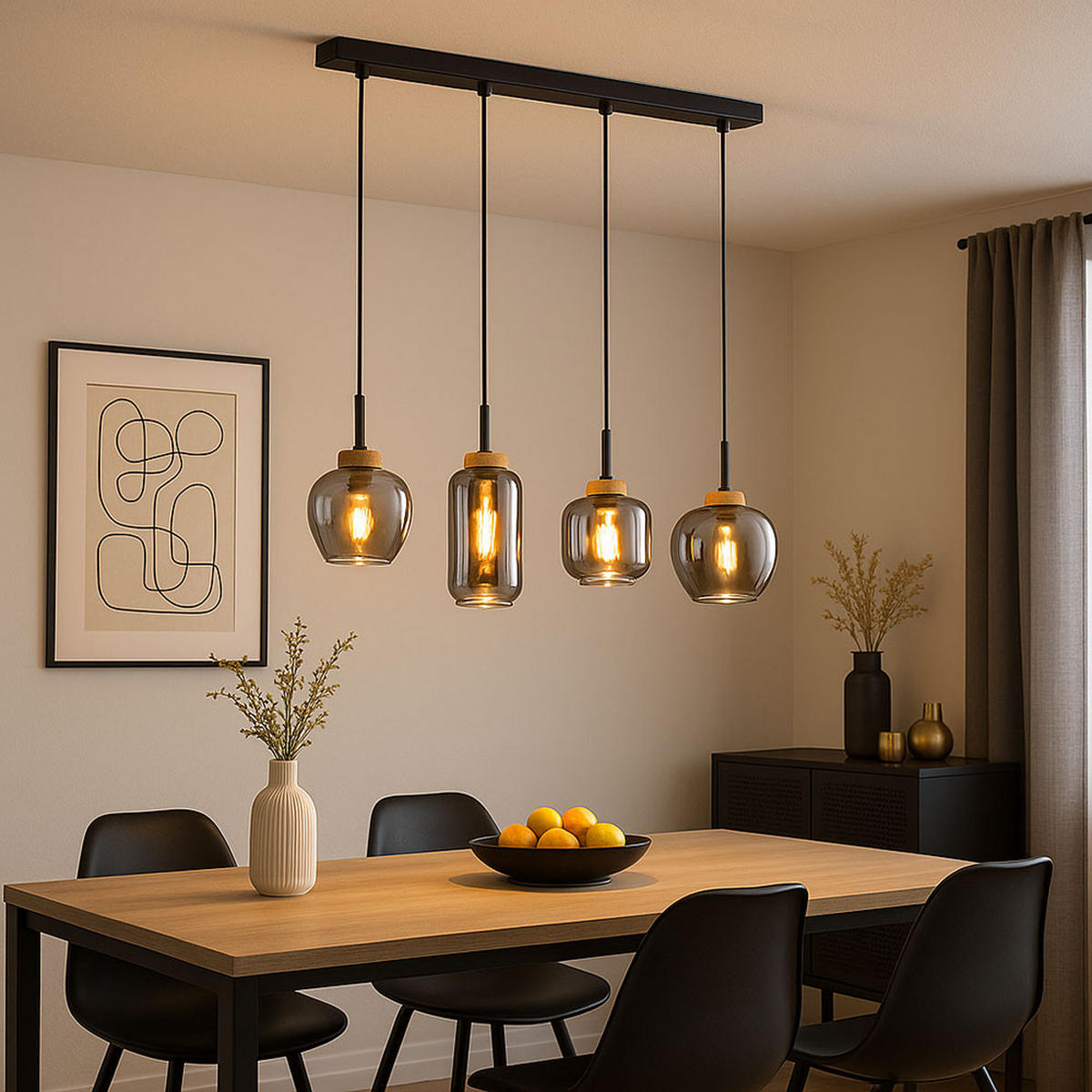 PENDELLEUCHTE Metall Schwarz-matt Rauchglas 4-Flammig - Schwarz, Glas (96/23/120cm) - Globo Lighting