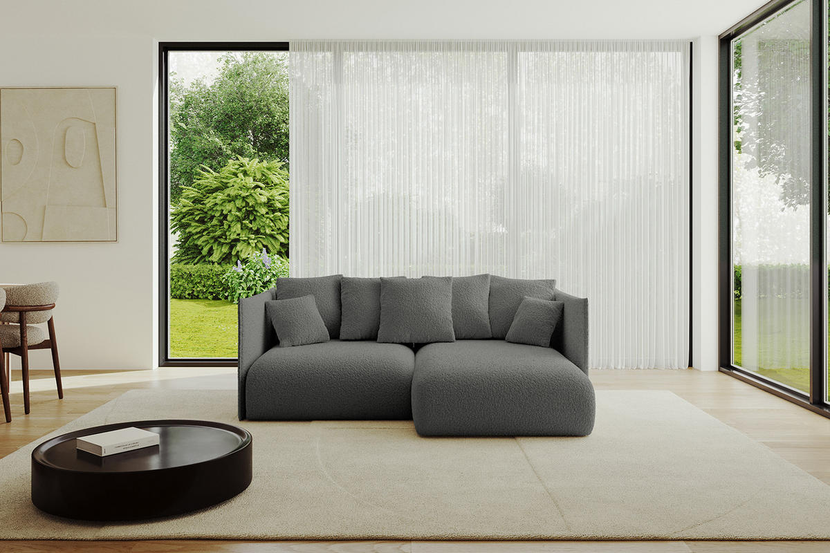 ECKSOFA mit Schlaffunktion und Bettkasten ONESK-L 208x165x40 Grau Bouclé - Grau, Holzwerkstoff/Kunststoff (208/165cm) - ALTDECOR