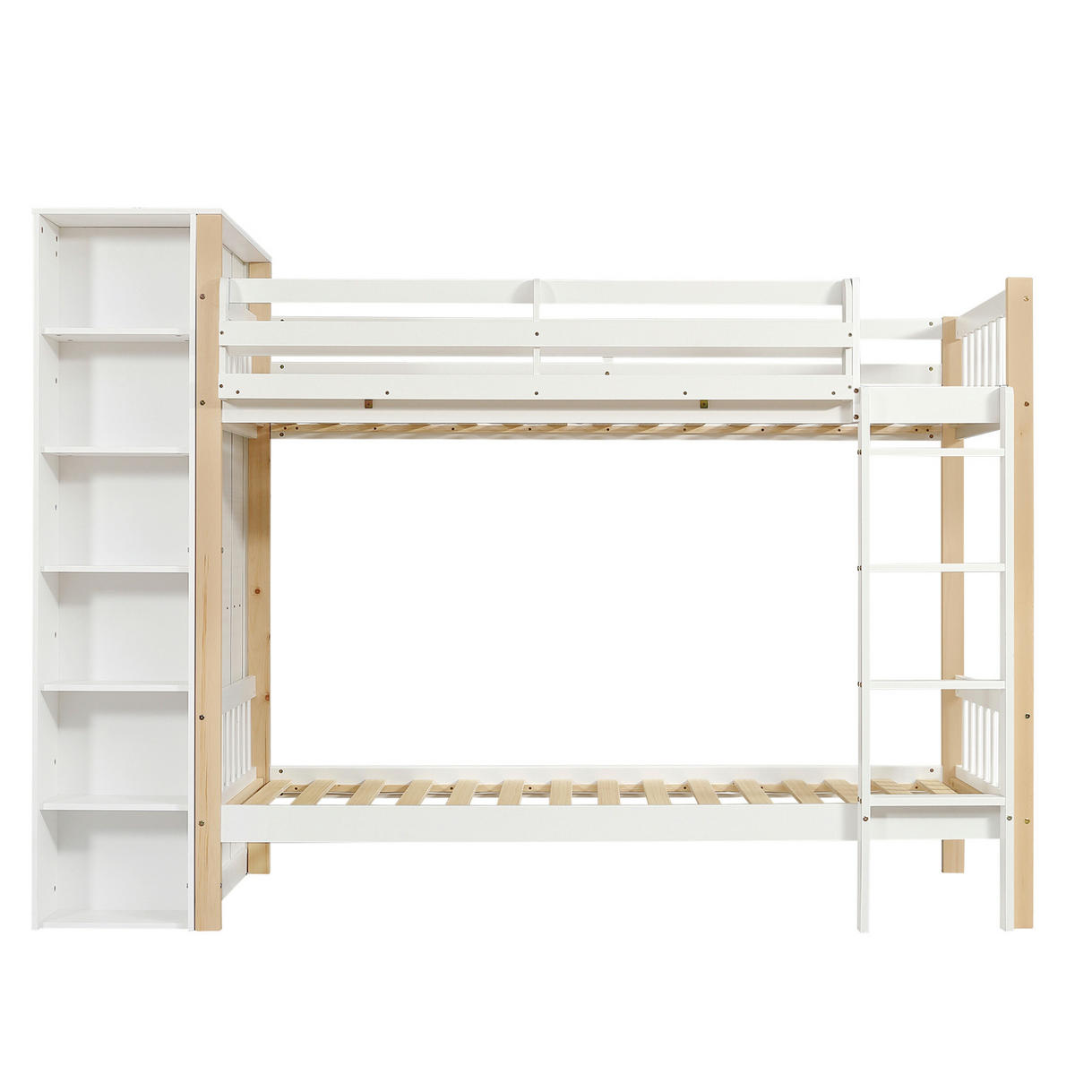 ETAGENBETT 90/200 cm mit Kleiderschrank, Regalen, 4-stufiger Leiter und Fallschutz aus Kieferholz & MDF, Weiß/Natur - Weiß, Holzwerkstoff (90/200cm) - Redom