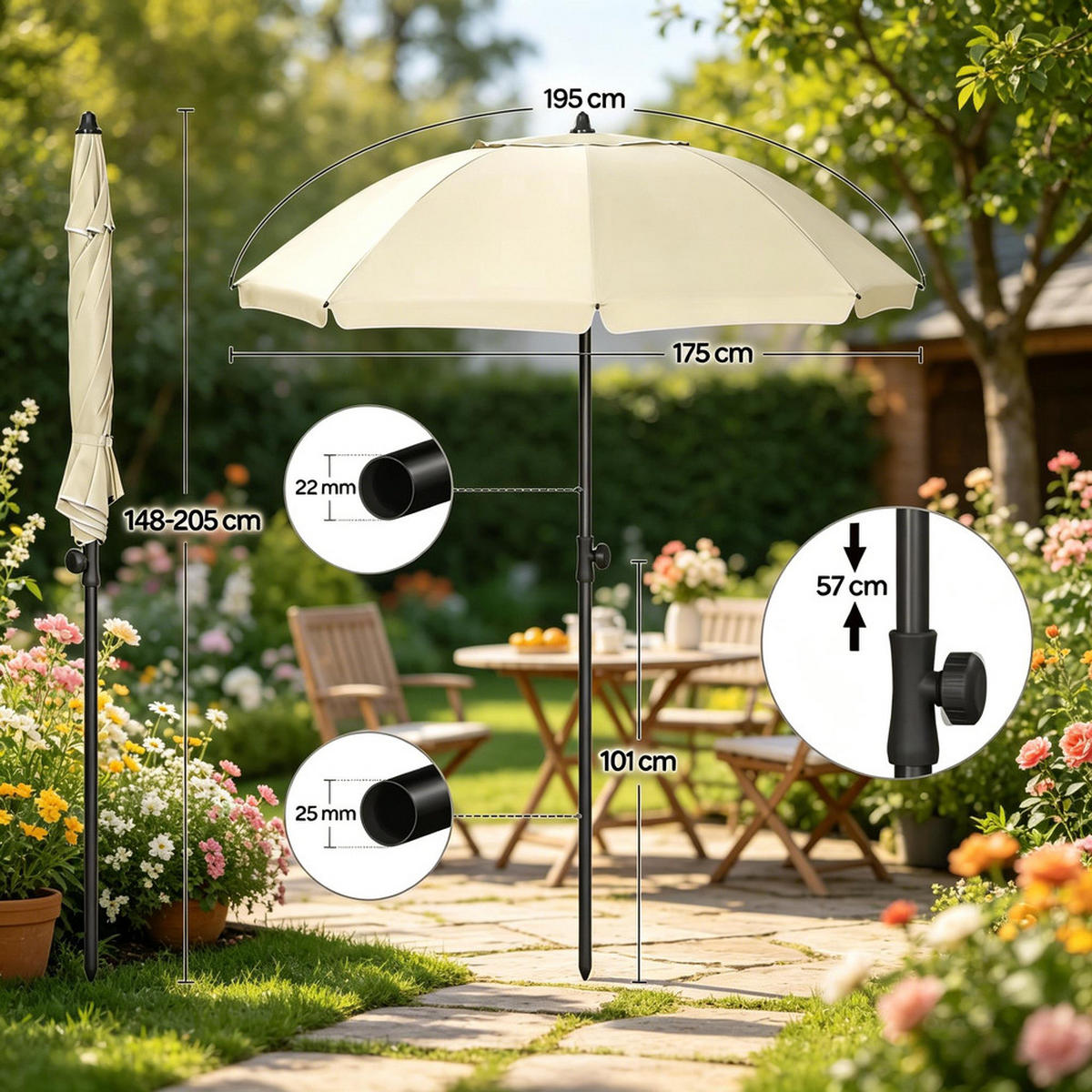 SONNENSCHIRM Klappbar Metall 175cm Neigbar Verstellbar - Beige, Textil (195/175cm) - Raelunyi
