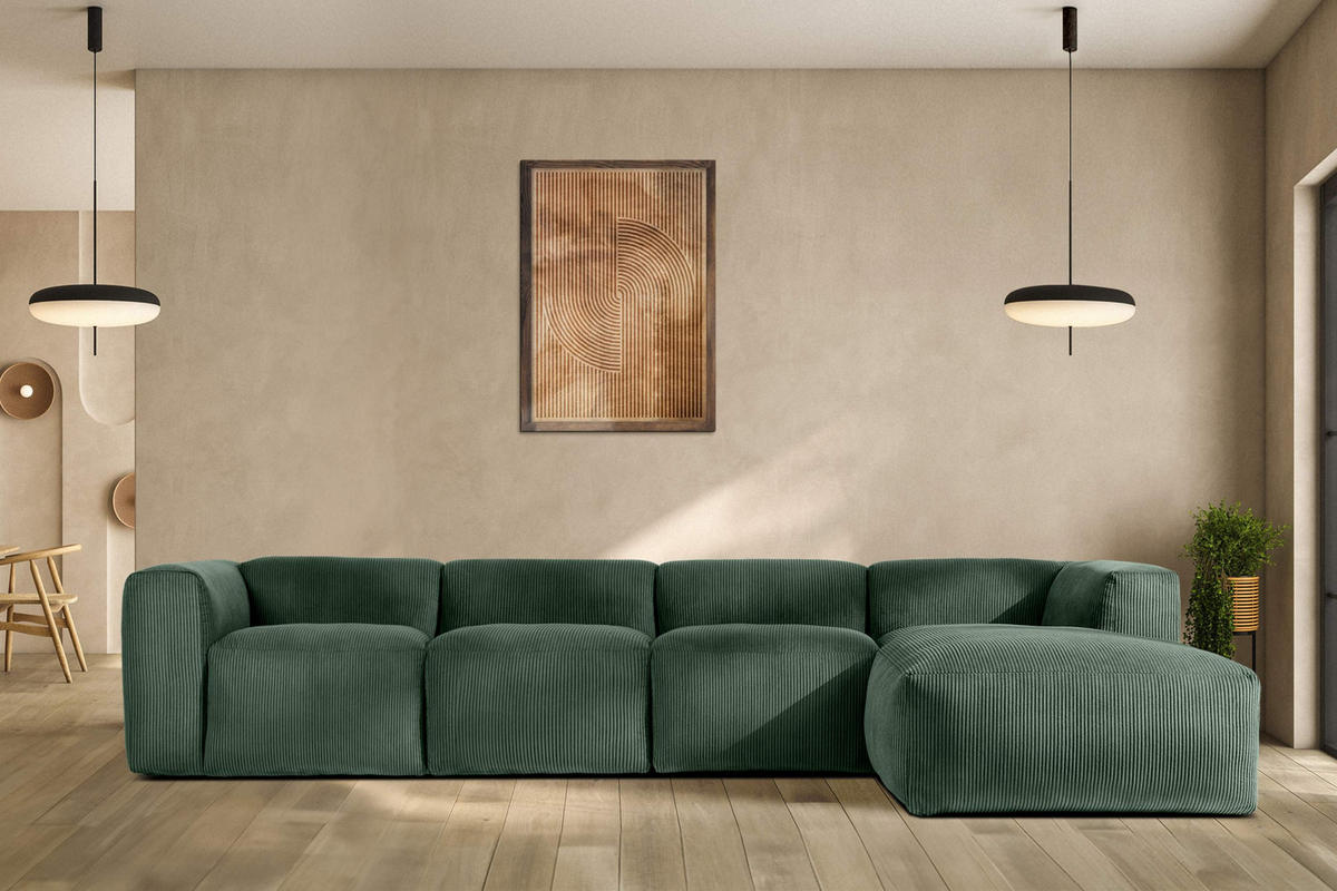 ECKMODULSOFA-LINKS BUFFO 6-Sitzer mit extrem weicher Sitzfläche, Kordstoff, dunkelgrün - Dunkelgrün, Textil (377/180cm) - KONSIMO®