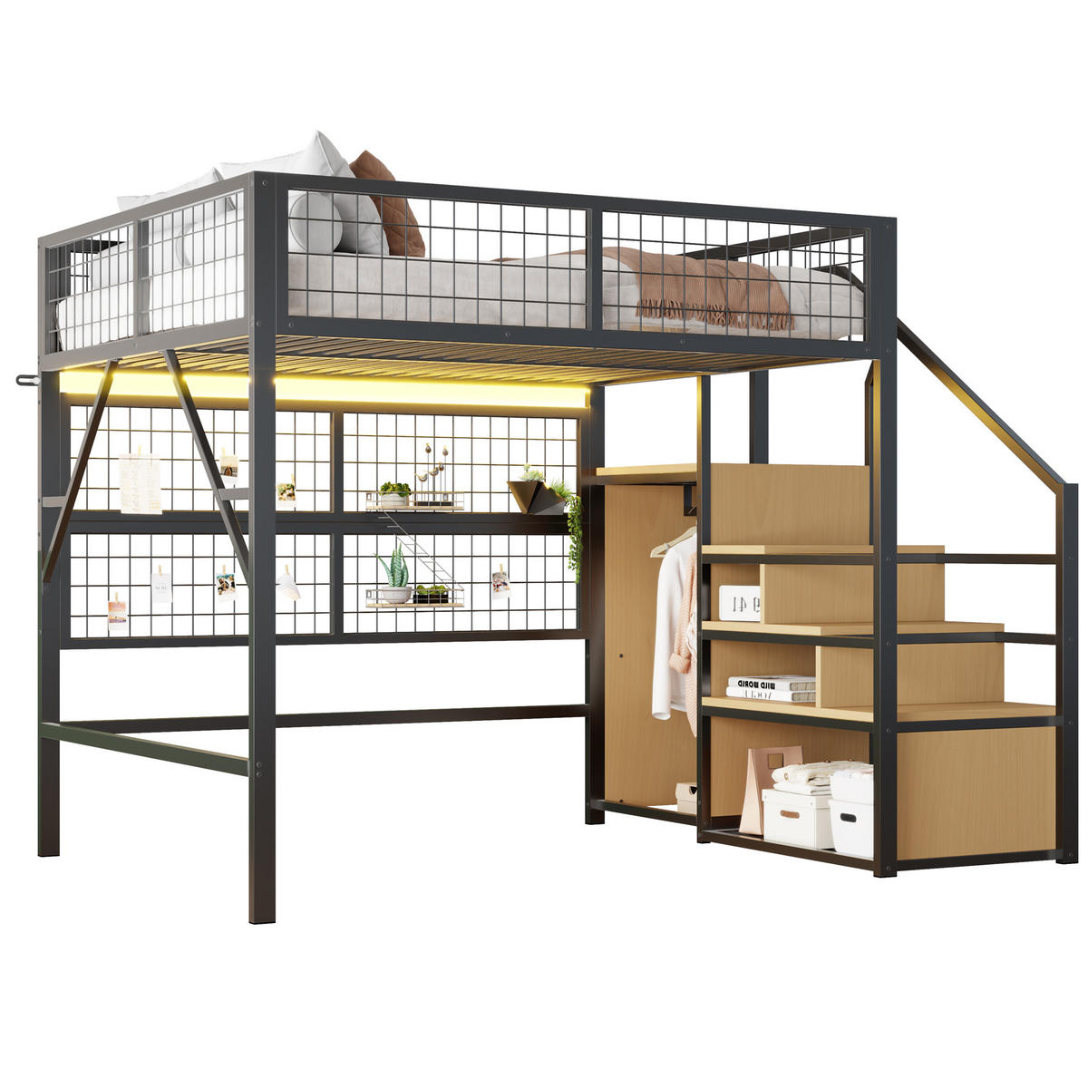 HOCHBETT 140/200 cm Schwarz mit LED-Beleuchtung und integriertem Stauraum aus Metall - Schwarz, Metall (140/200cm) - OKWISH