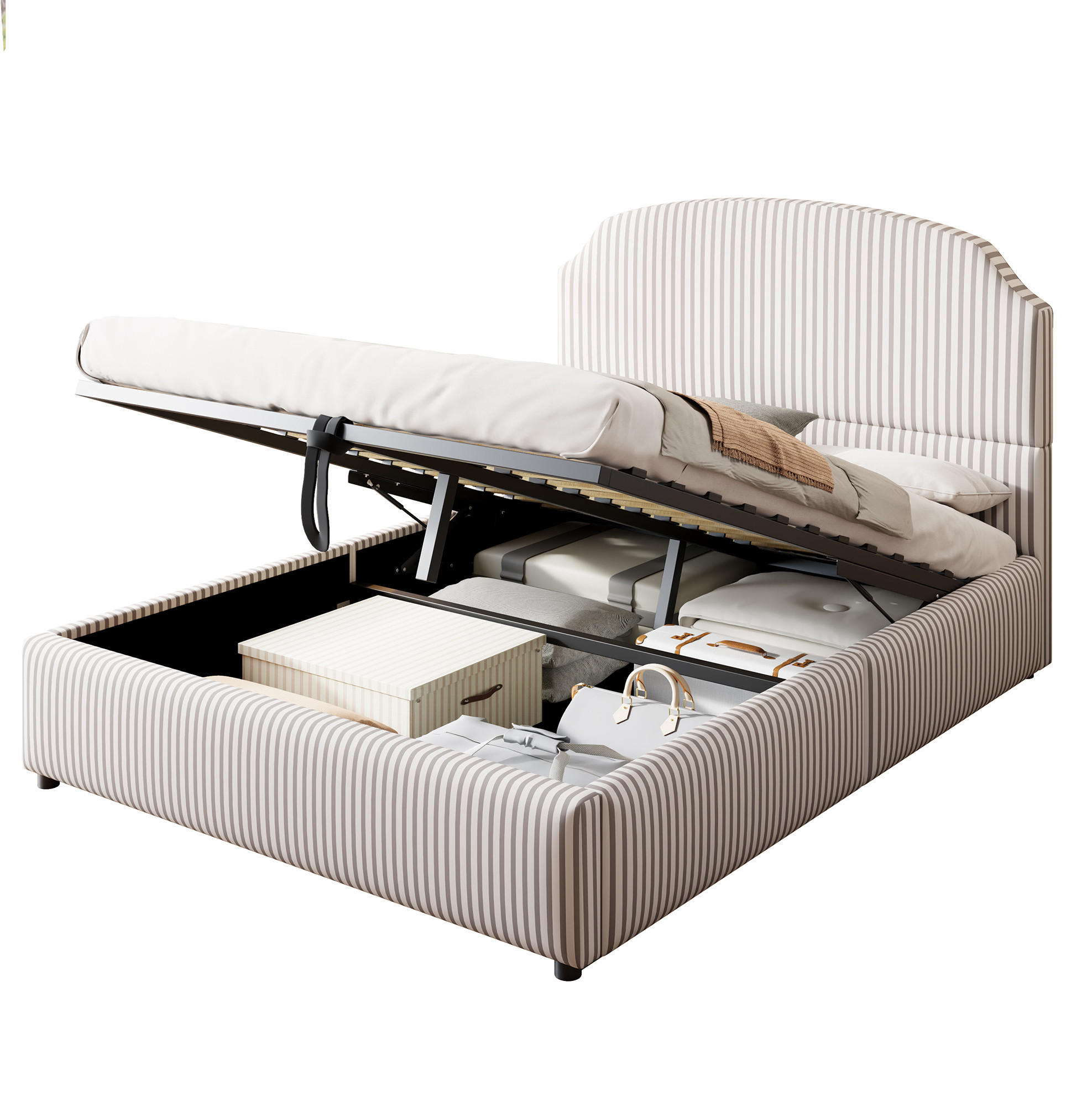 POLSTERBETT 140/200 cm Weiß Anthrazit mit hydraulischem Stauraum und Streifenstoff - Weiß, Textil (140/200cm) - OKWISH