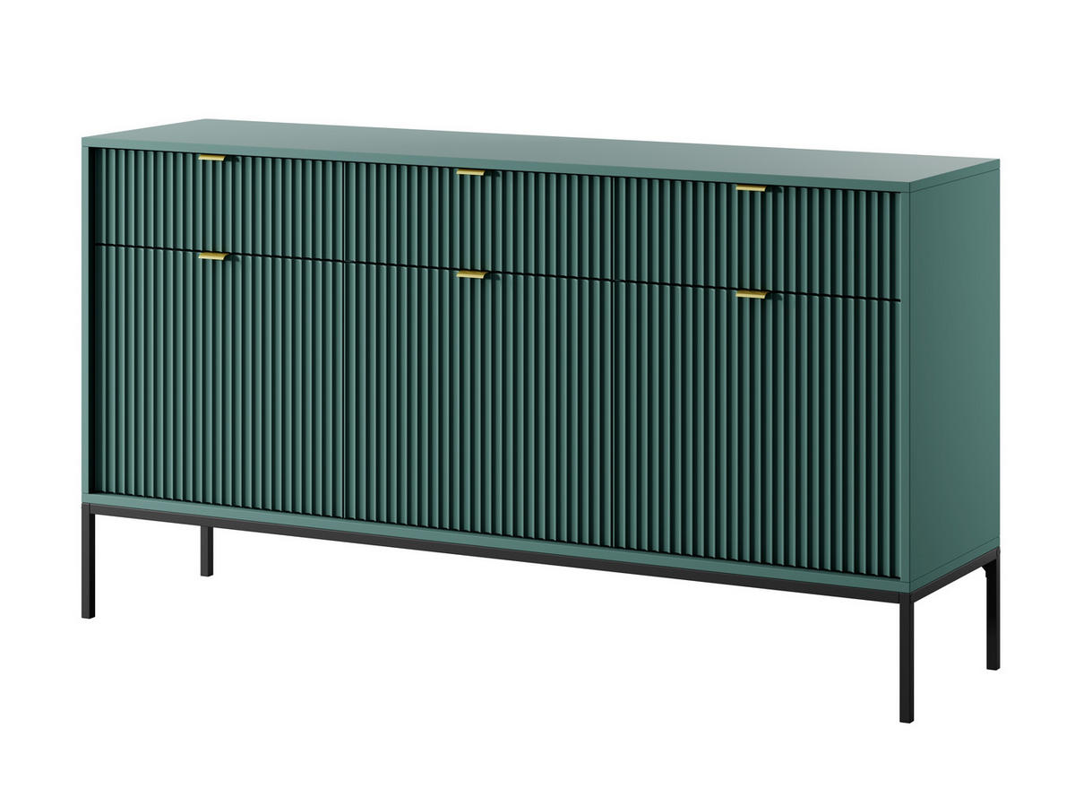 SIDEBOARD Eternas 3T 3S Grün 154/83/39 cm – schwarze Füße, mit geriffelten Fronten - Schwarz/Grün, Holzwerkstoff (154/83/39cm) - AX Living