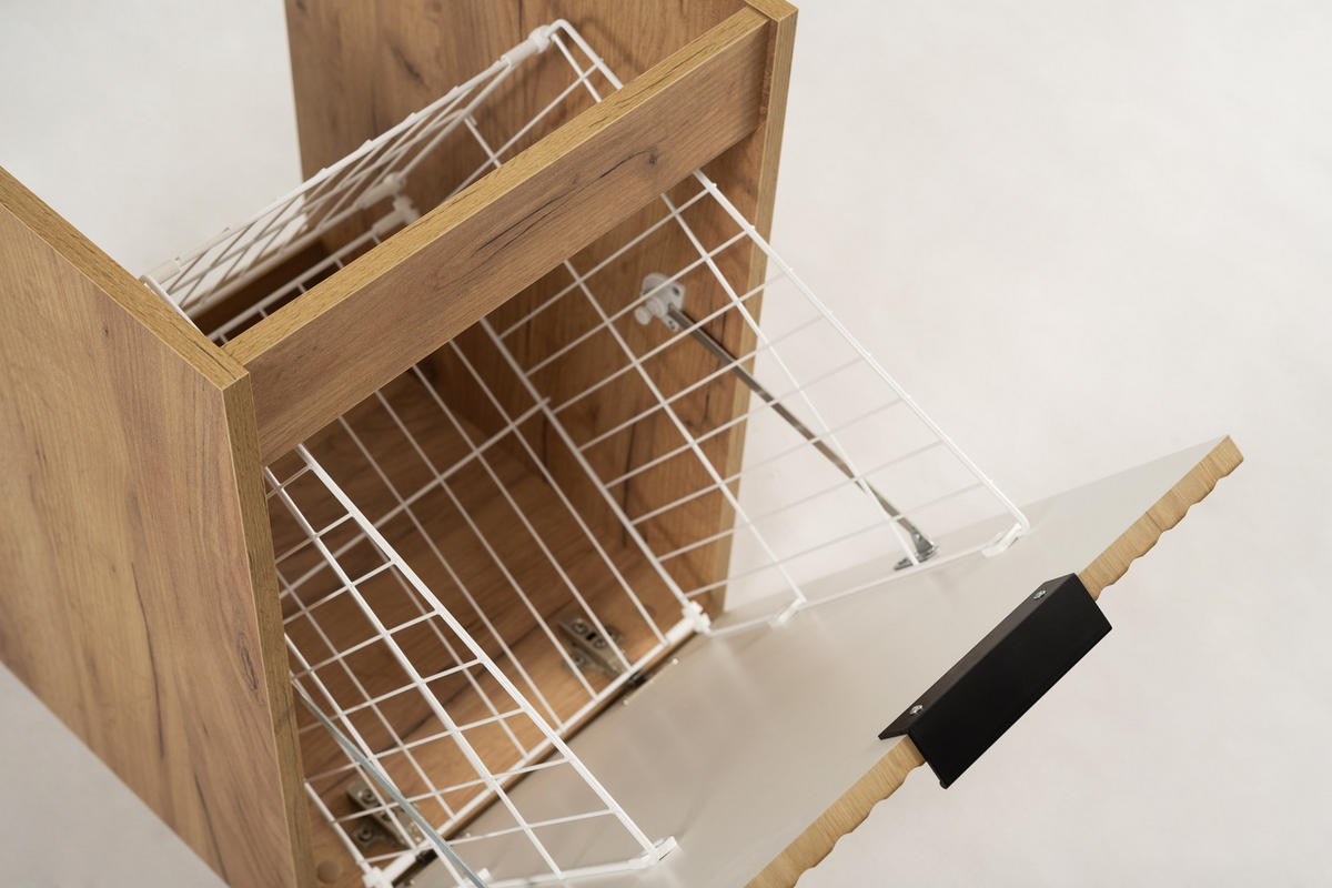 BADEZIMMERSCHRANK MIT WÄSCHEKORB: Eiche Craft, 40 x 57 x 46 cm, schwarze Griffe - Eichefarben, Holzwerkstoff (40/57/46cm) - 3XE LIVING