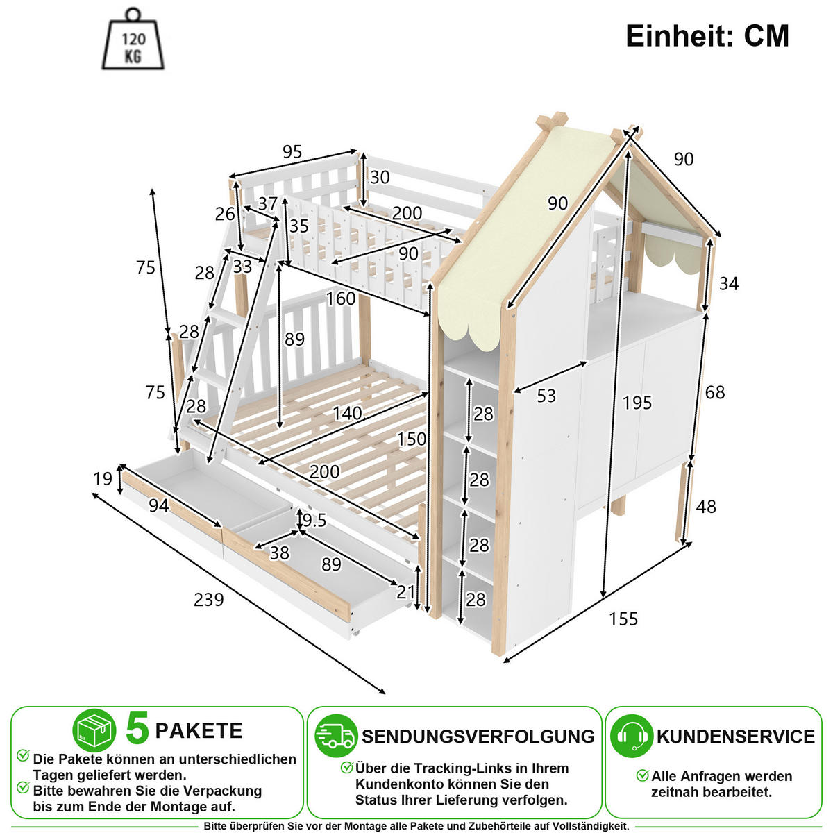 ETAGENBETT 90/200 cm & 140/200 cm in Weiß & Natur mit 2 Schubladen, Regal und Hausdach - Weiß/Naturfarben, Holz/Holzwerkstoff (90/200cm) - CHICFURN
