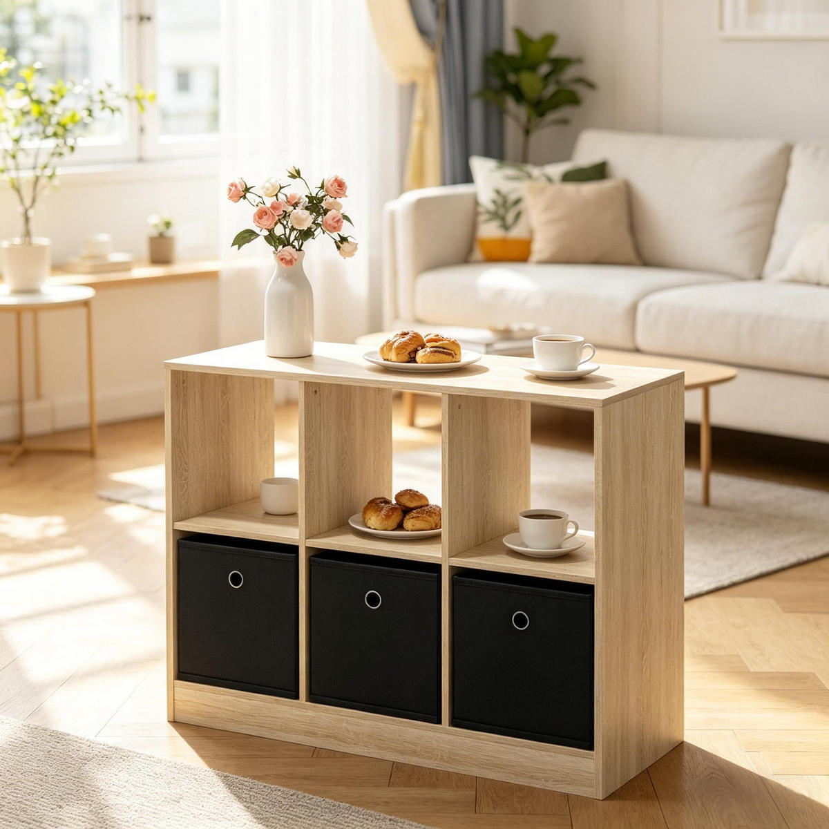 BÜCHERREGAL Schwarz/Eichefarben mit 3 Stoffschubladen 80/30/61 cm - Schwarz, Holzwerkstoff (80/61/30cm) - PANGIVO