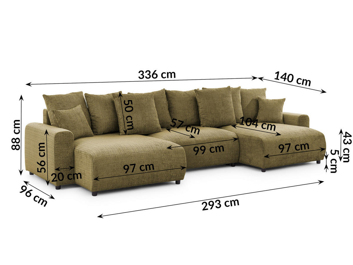 WOHNLANDSCHAFT Calma mit Schlaffunktion und Bettkasten im Bumpy-Design aus weichem Grün Chenille-Stoff - Schwarz/Grün, Holz/Kunststoff (336/88/140cm) - S-Style Möbel
