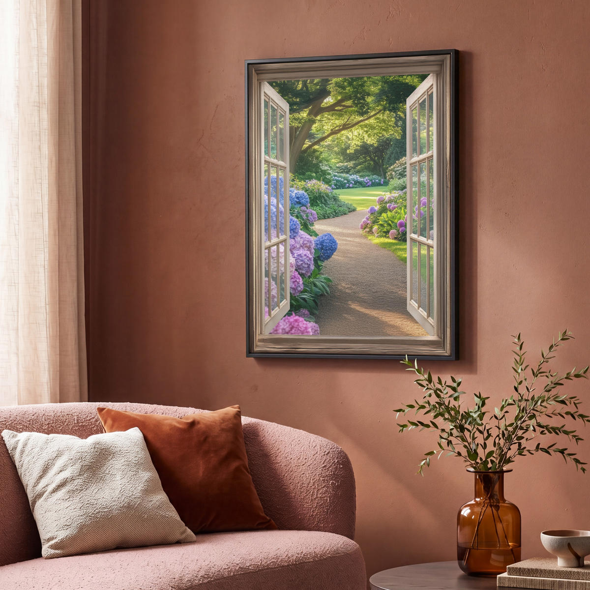 LEINWAND Bilder mit Rahmen - Aussicht - Garten - Fenster - Hortensie - Blumen - 70x100 - Pastellblau, Textil (70/100cm) - MuchoWow