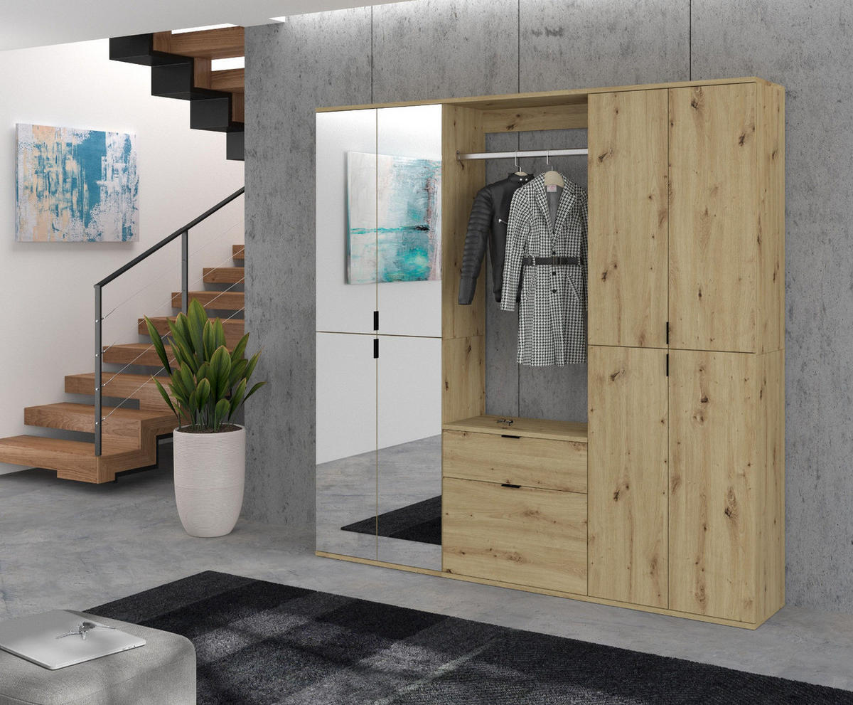 GARDEROBEN-SET Artisan Eiche 183 cm, Komplettset mit flexibler Inneneinteilung - Schwarz/Eiche Artisan, Glas/Holzwerkstoff (183/193/34cm) - Inn.Furn