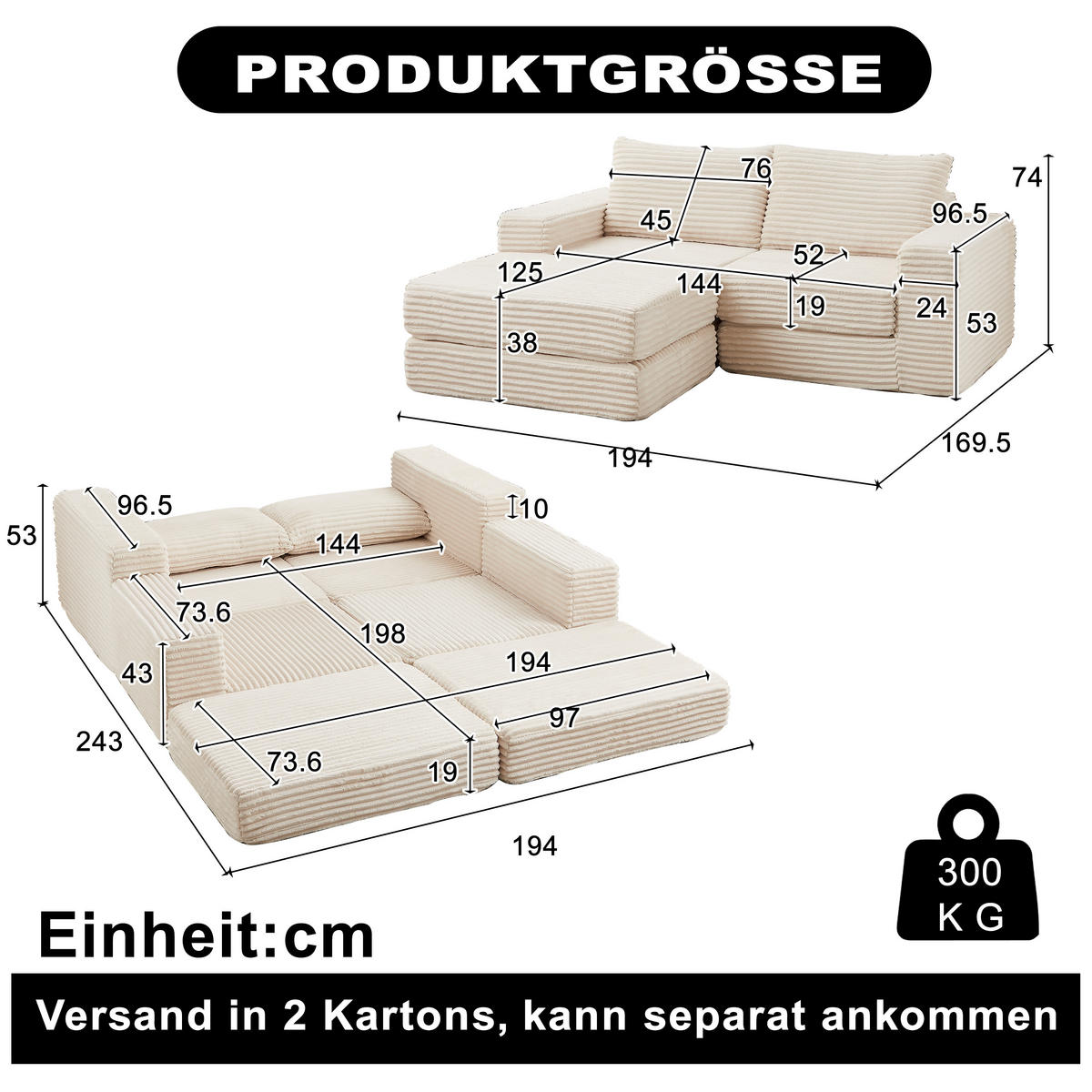 SCHLAFSOFA 2-in-1 aus Cord mit Hocker und 2 Kissen - Beige, Textil (194/74/169.5cm)