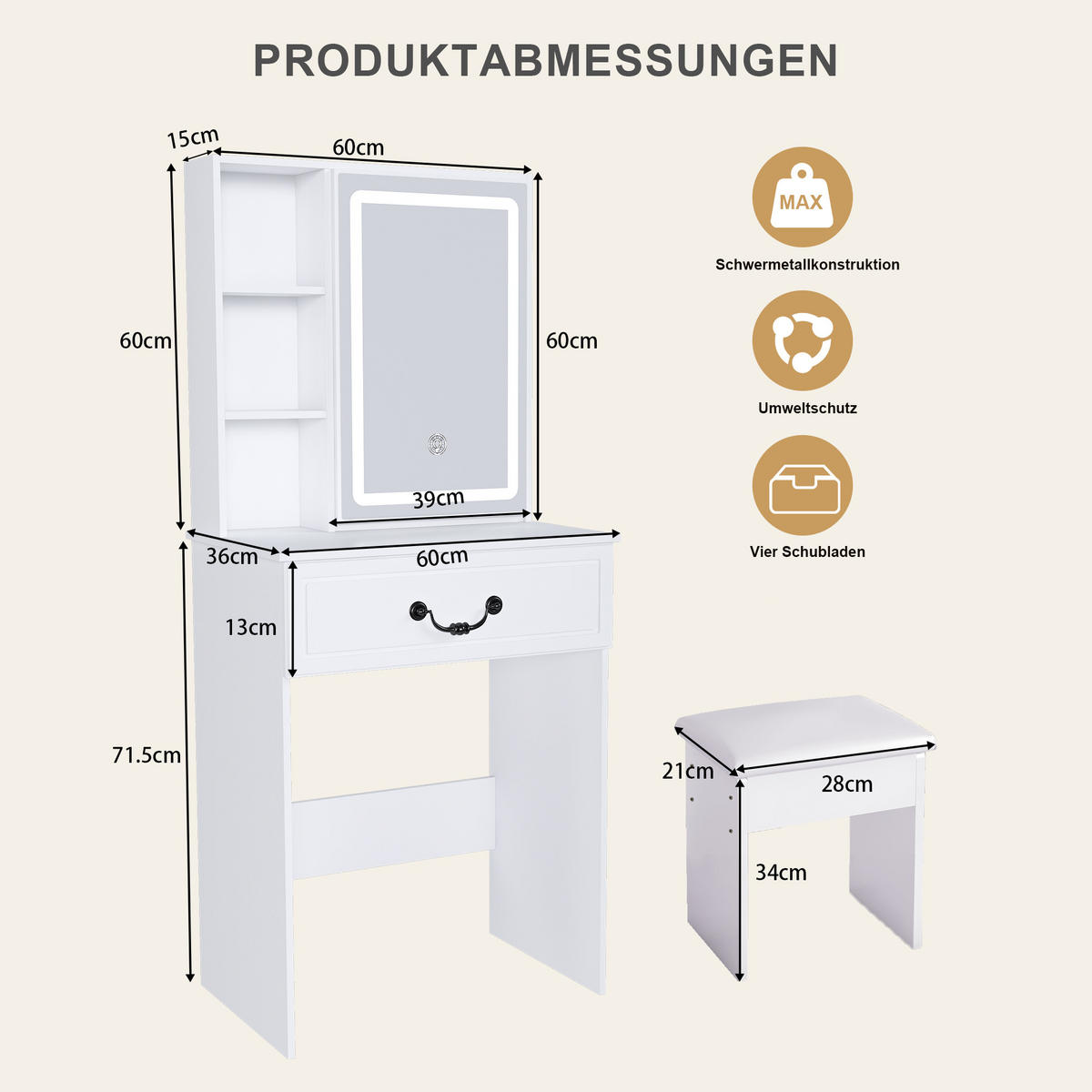SCHMINKTISCH,SET mit dimmbarem LED,Weiß,60*131.5*36cm - Weiß, Holzwerkstoff (36/131.5/60cm) - Vallsero