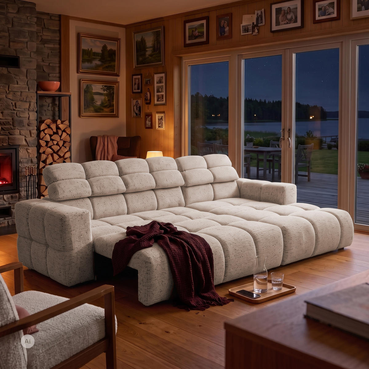 ECKSOFA TENDER Rechts mit Schlaffunktion und Verstellbare Kopfstützen, Chenille beige - Beige/Schwarz, Holz/Kunststoff (176/315cm) - Muffo