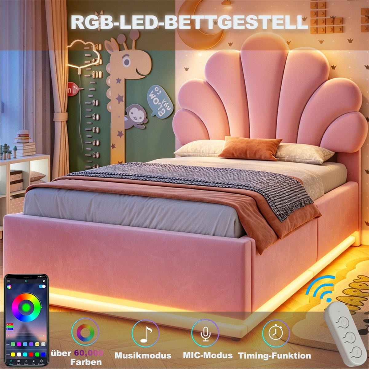 POLSTERBETT 90x200 cm mit Blüten-Kopfteil - LED Beleuchtung & hydraulischem Stauraum - Rosa - ohne Matratze - Pink, Textil (90/200cm) - DELFA