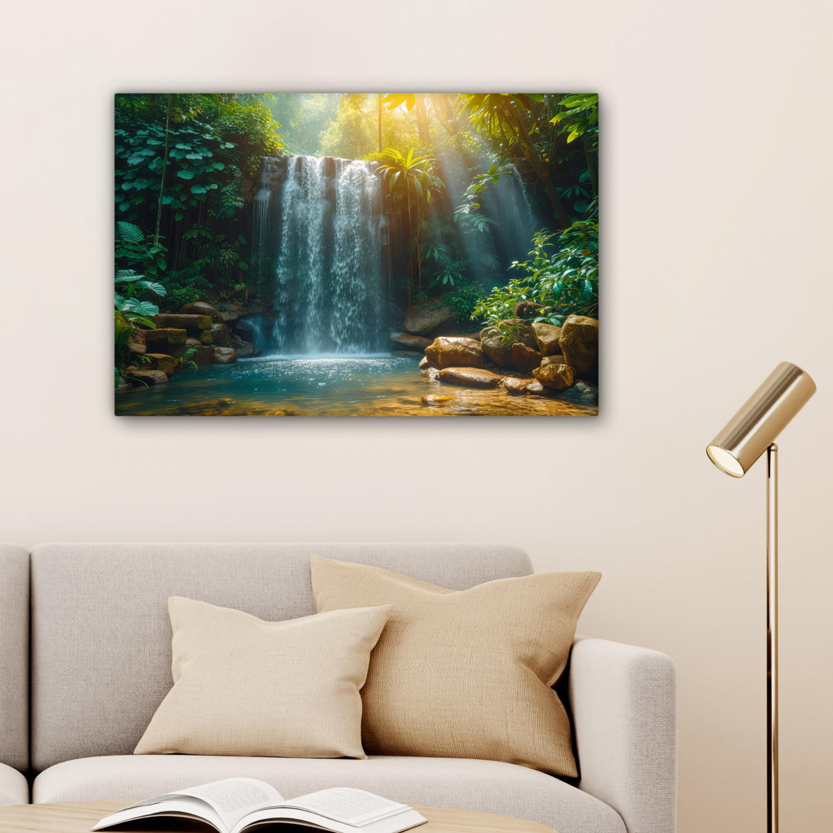 LEINWANDBILD Wasserfall - Dschungel - Sonne - Grün - Natur Gemälde 60x40 cm - Grün, Textil (60/40cm) - MuchoWow