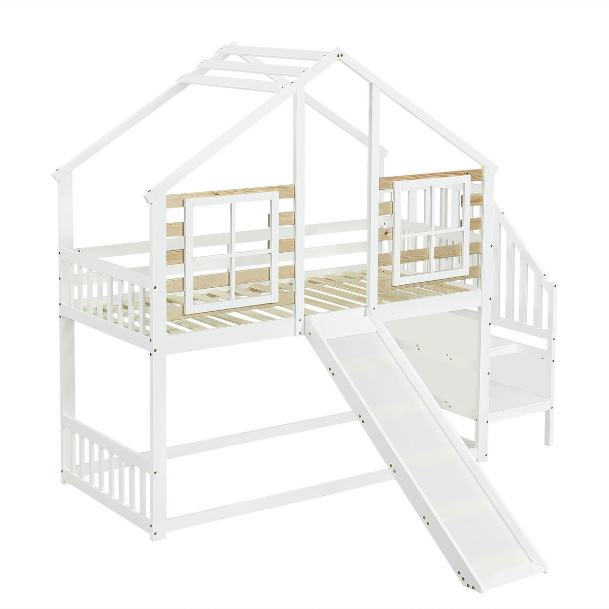 ETAGENBETT 90/200 cm in Weiß & Natur mit Rutsche, Fenster und Treppe Massivholz Blockhaus-Design - Weiß, Holz (90/200cm) - STILVORA