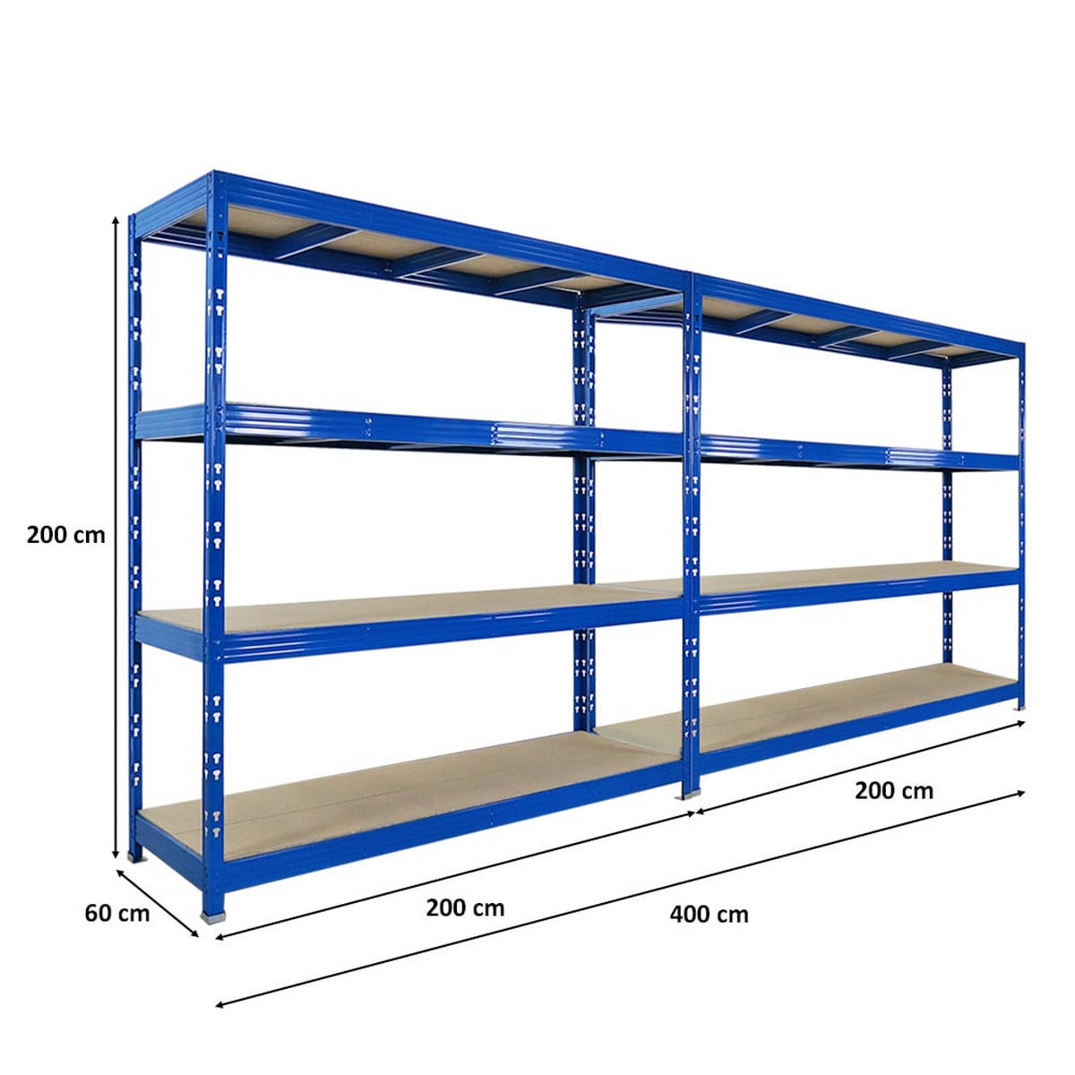 SCHWERLASTREGAL Rhino 2er-Set 200x200x60 cm 4 Spanplatten-Ebenen 8mm Fachlast 500 kg Blau - Blau, Metall (400/200/60cm) - PROREGAL