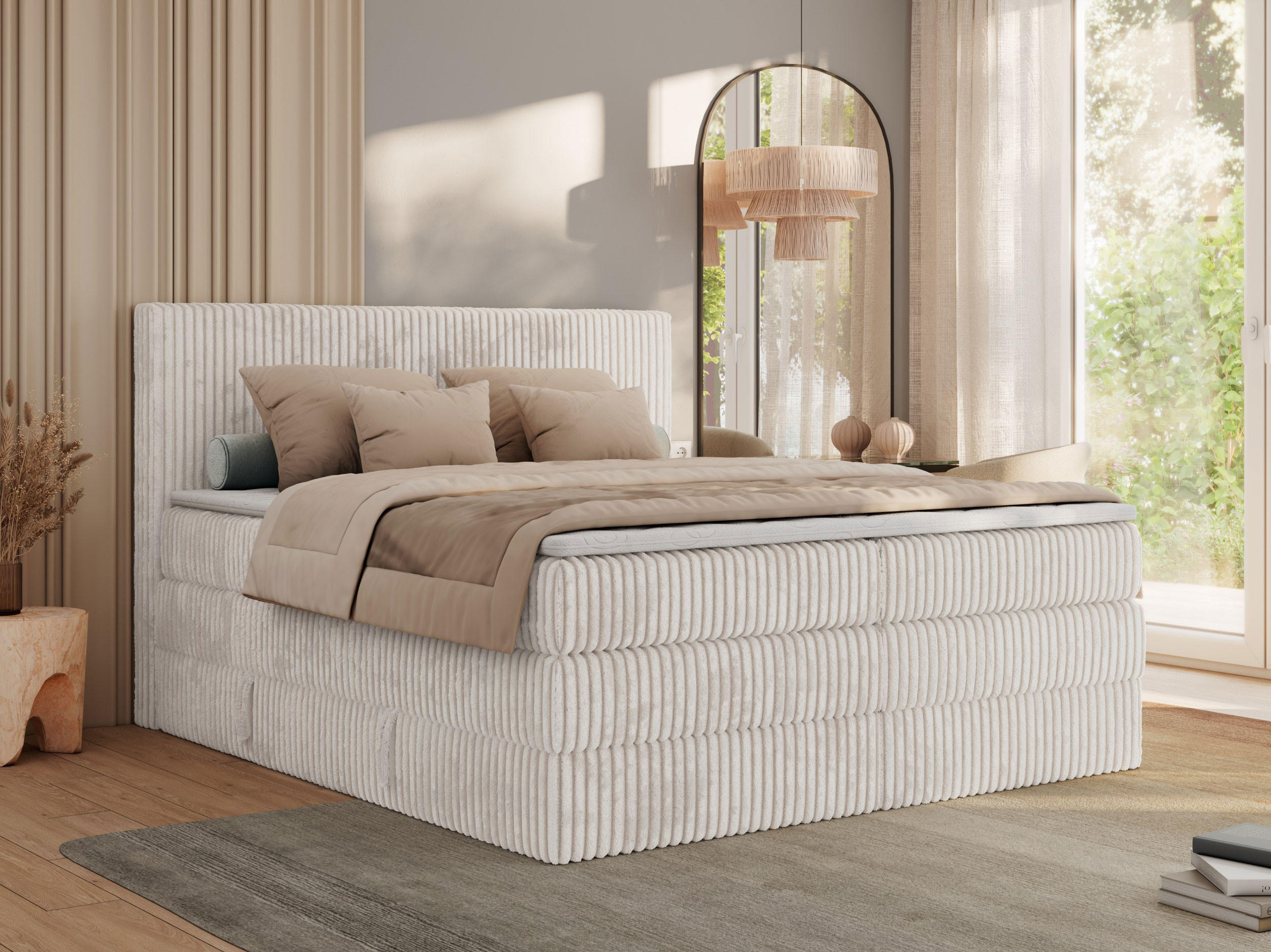 BOXSPRINGBETT TILIANO KING - 200/200 - Beige Cord - H3 - Beige, Holz/Textil (200/200cm) - MKS