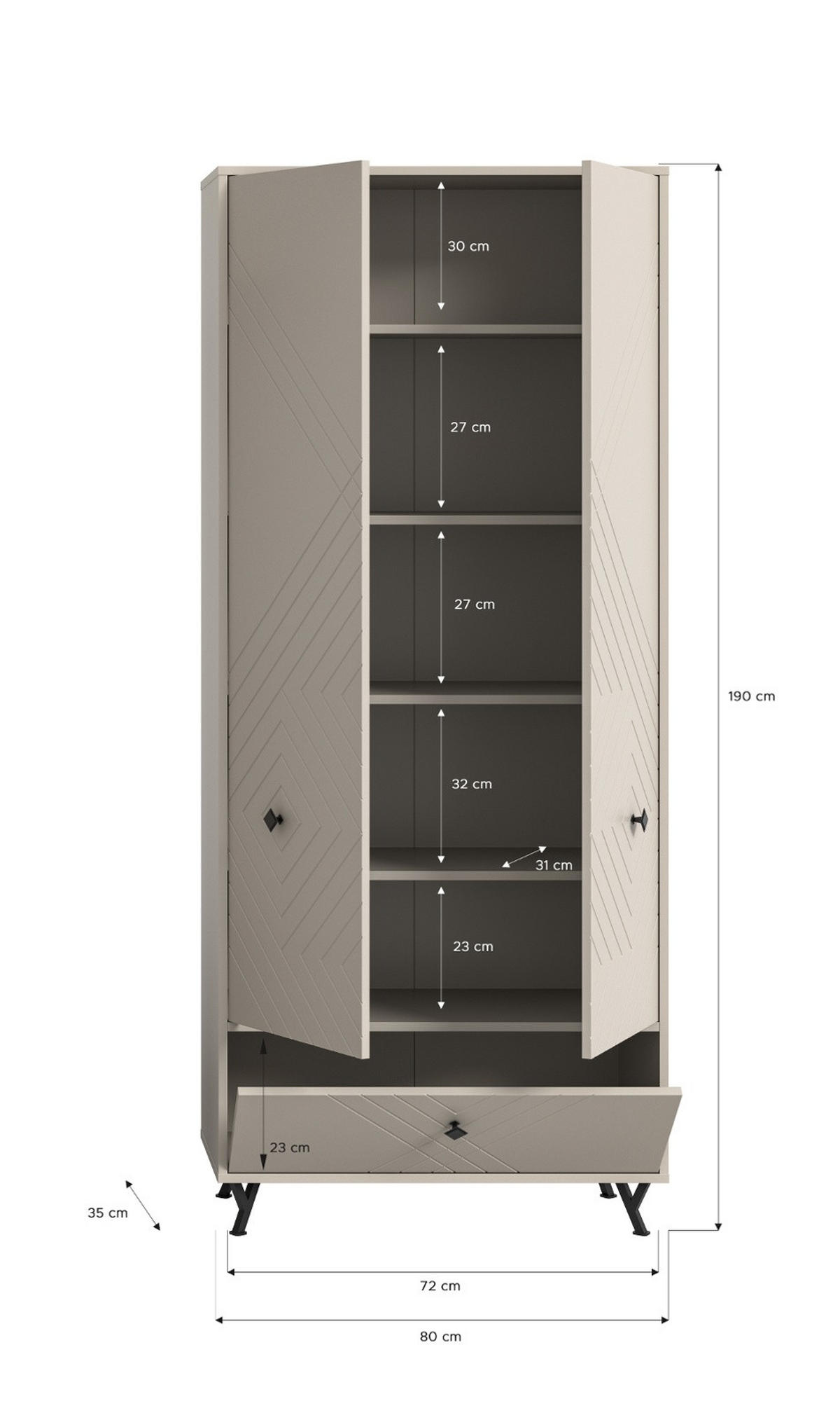SCHUHSCHRANK Sand matt 80 cm, Mehrzweckschrank mit gefräster Struktur - Sandfarben/Beige, Holzwerkstoff/Metall (80/190/35cm) - Inn.Furn