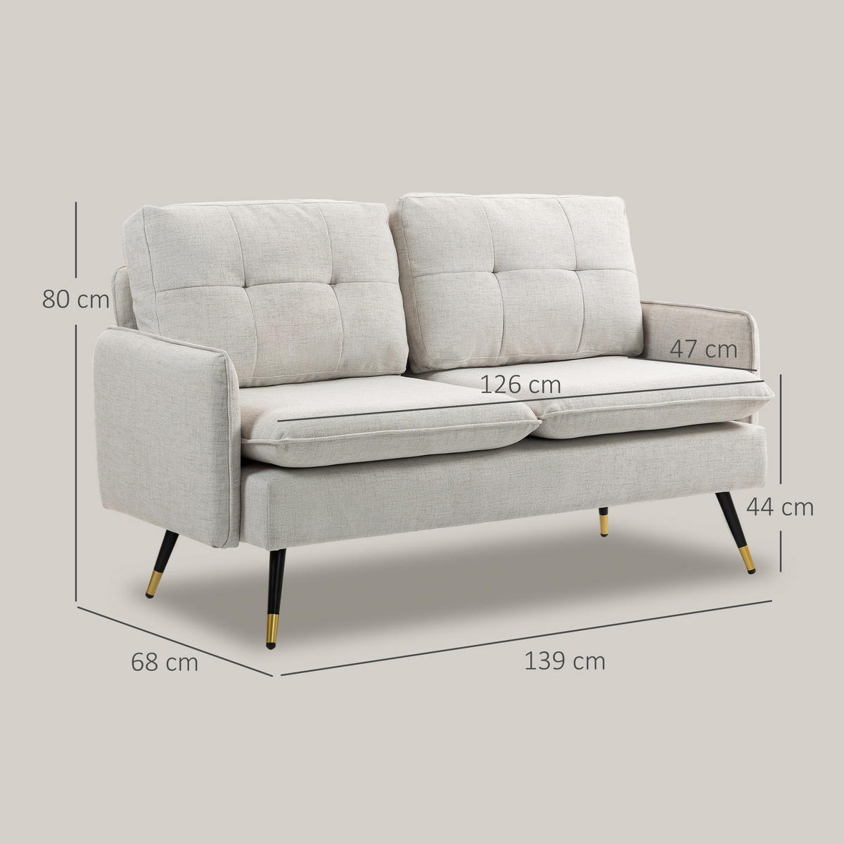 SOFA, 2-Sitzer, gesteppte Rückenlehne, cremefarben, 139x68x80cm - Multicolor, Holzwerkstoff (139/80/68cm) - FORIOUS