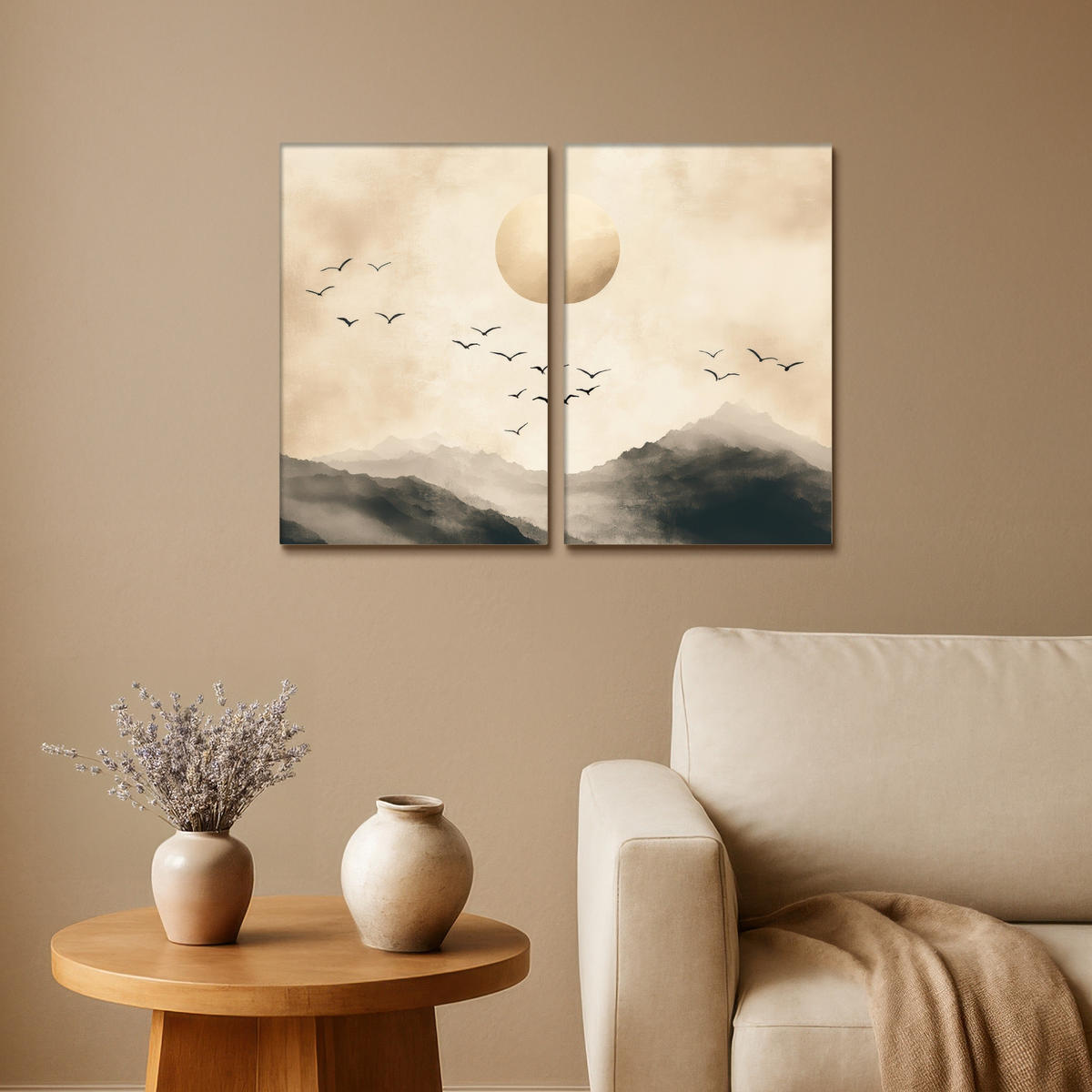 LEINWANDBILD 2er Set Landschaft - Japandi - Beige - Vögel 80x60 cm - Beige, Textil (80/60cm) - MuchoWow