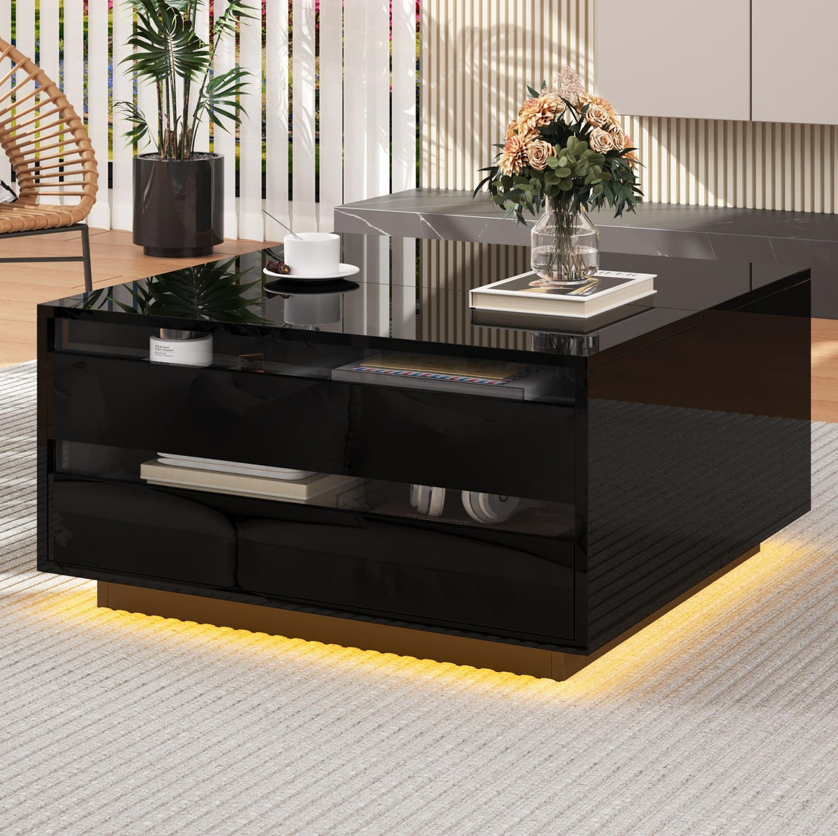COUCHTISCH 70/70/38 cm in Schwarz mit LED-Beleuchtung und Stauraum - Schwarz, Holzwerkstoff (70/70/38cm) - Flora Grace