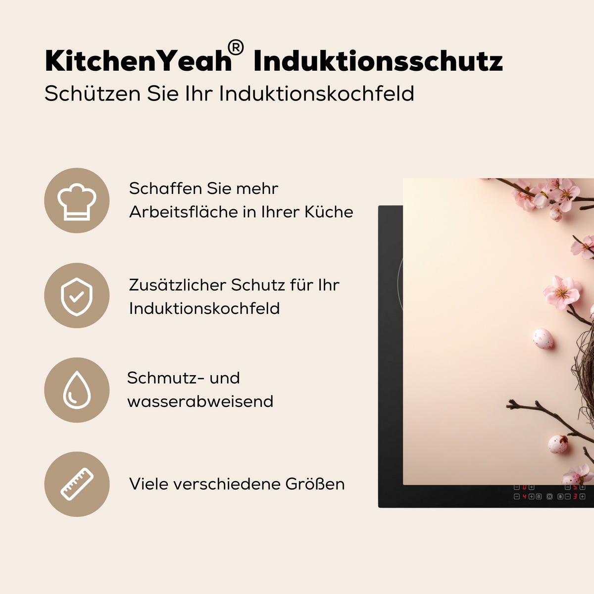 HERDABDECKPLATTE Rosa - Blüten - Eier Herdabdeckung Induktionsfeld 75x52 cm - Hellrosa, Kunststoff (75/52/0.2cm) - MuchoWow