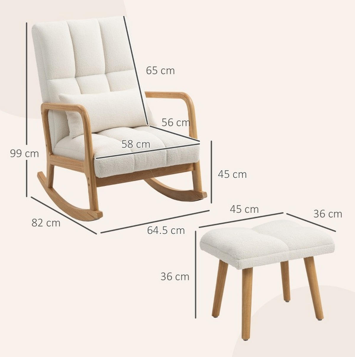 SCHAUKELSTUHL 82/64/99 cm mit Hocker 64,5/82/99 cm weiß aus Holz mit Fleece-Bezug - Weiß, Holz (64.5/99/82cm) - OKWISH