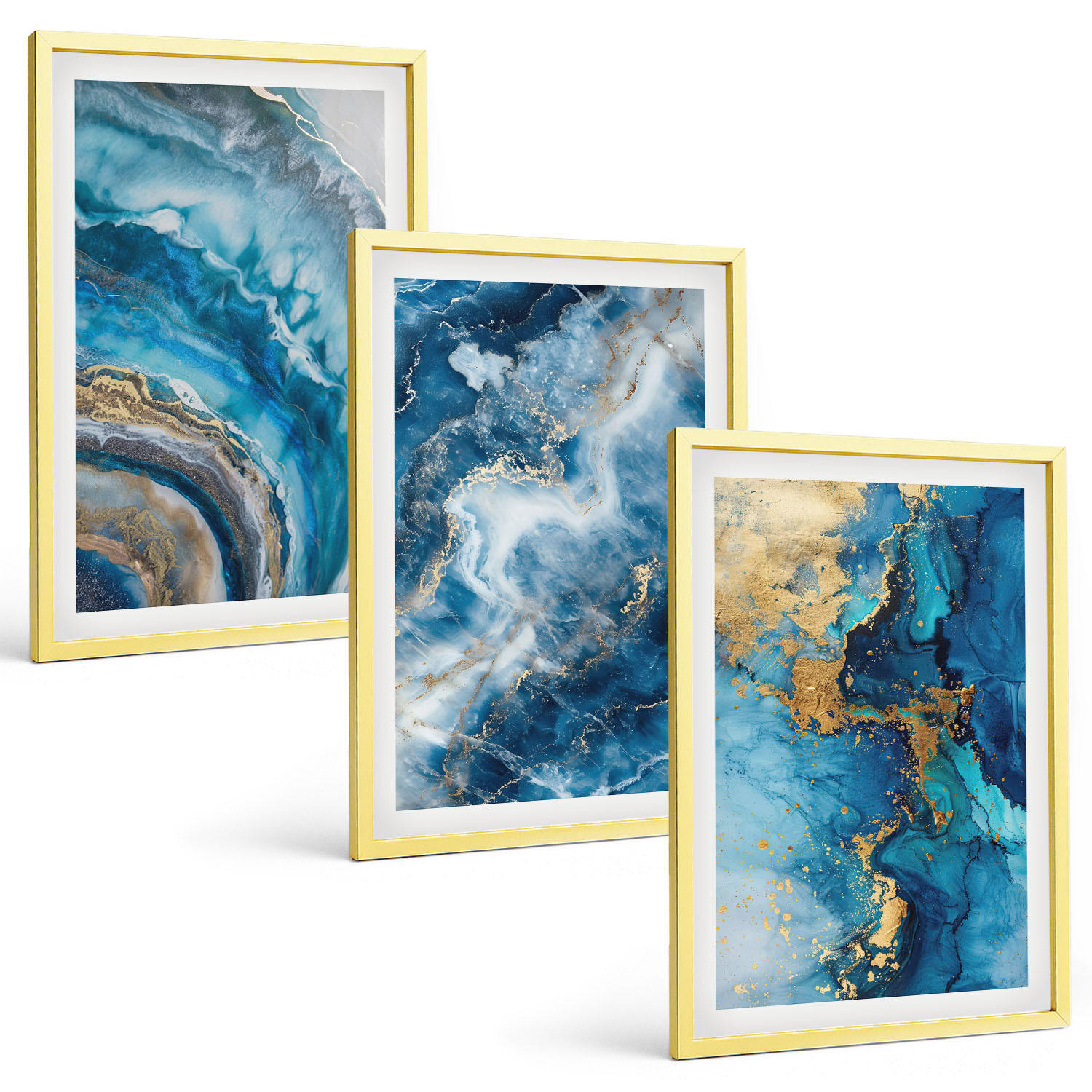 BILDER SET 3er Set - 40x60 cm Goldrahmen - Blaue abstrakte Muster - Goldfarben, Kunststoff (40/60cm) - TULUP