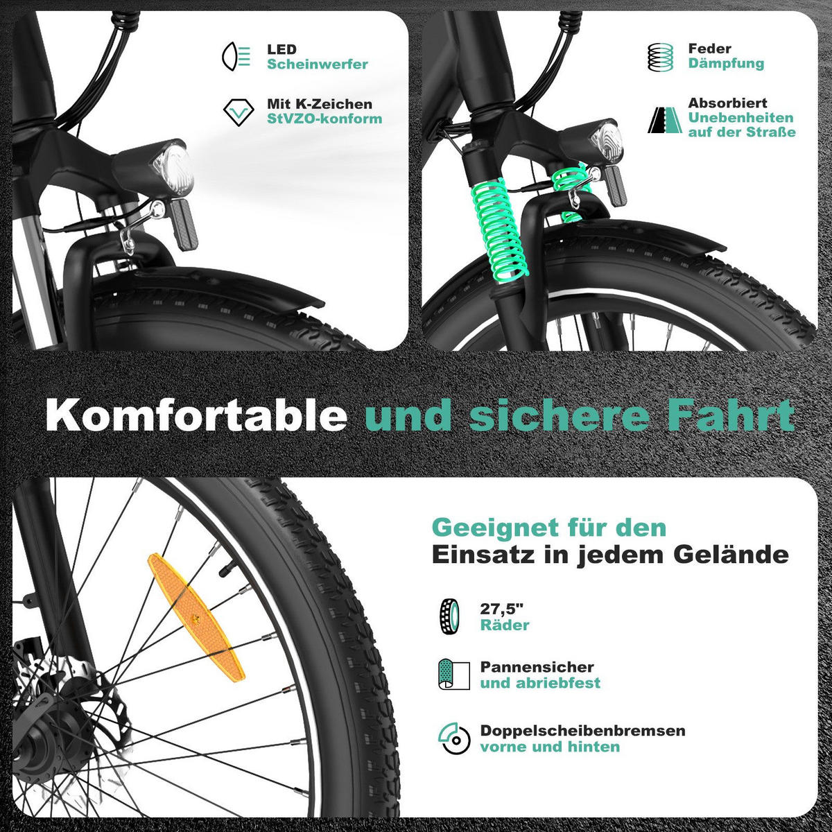 E-BIKE City BK18 27,5 *2,8 zoll mit Samsung 36V15Ah Akku bis zu 80km, 7 Gang - Schwarz, Metall (27cm) - COLORWAY