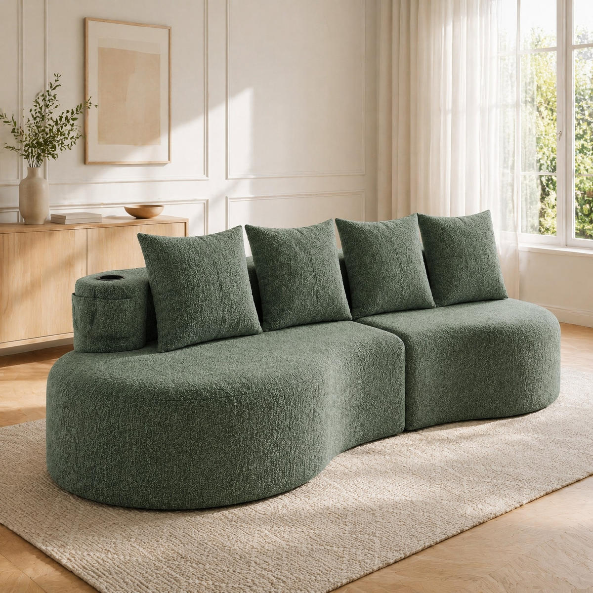 SOFA 240/109/63 cm in Grün aus Leinen mit 4 Kissen, Becherhaltern und Taschen - Grün, Textil (109/63/240cm) - Flora Grace