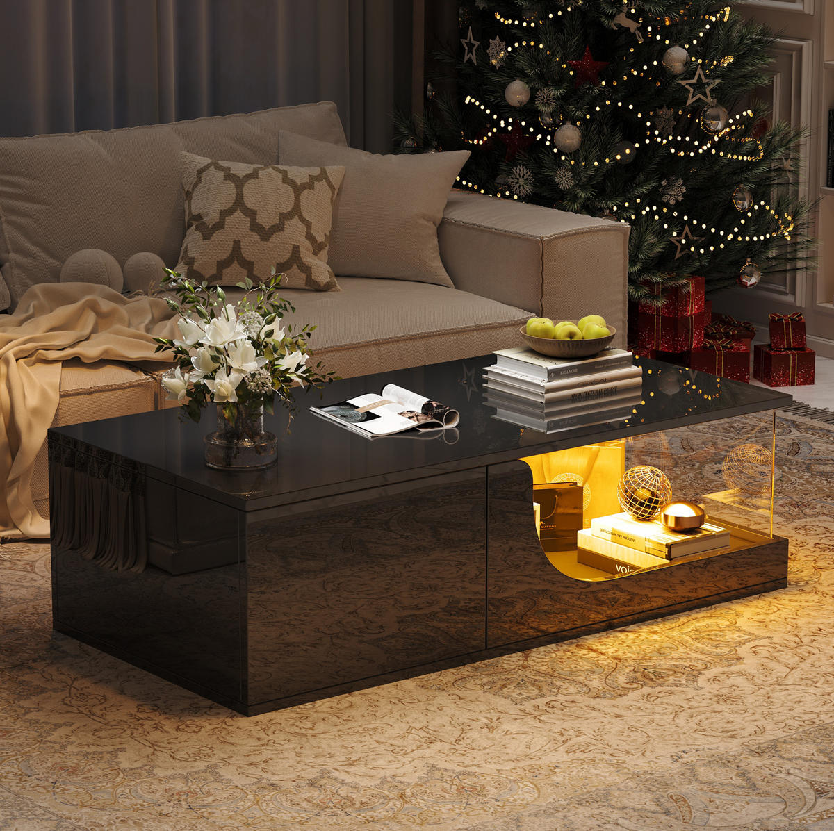 COUCHTISCH 100/50/30 cm Schwarz aus MDF und Glas mit LED und 2 Schubladen - Schwarz, Holzwerkstoff (100/50/30cm) - OKMYHOME