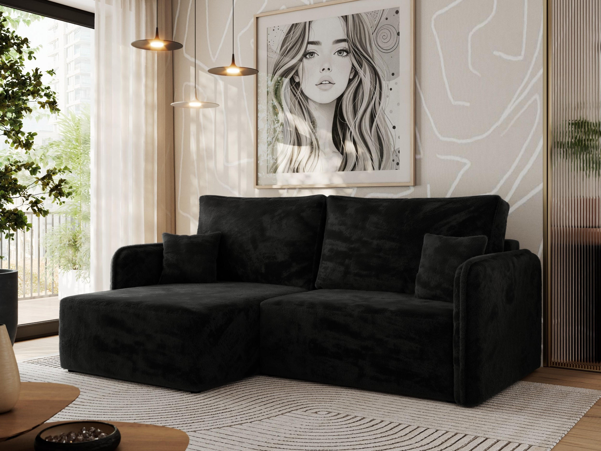ECKSCHLAFSOFA MESTO L Schwarz Plüsch - links - Schwarz, Kunststoff/Textil (227/147cm) - MKS