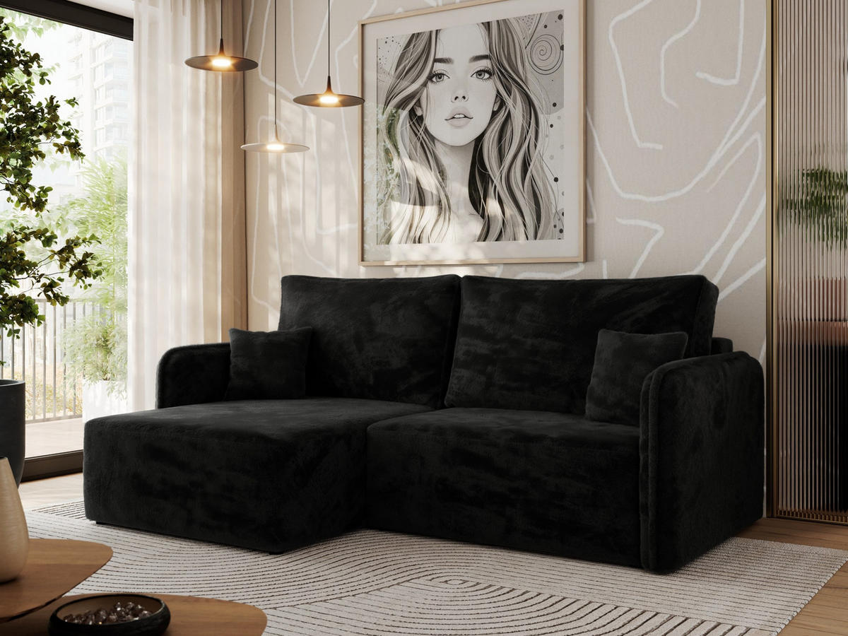 ECKSCHLAFSOFA MESTO L Schwarz Plüsch - links - Schwarz, Kunststoff/Textil (227/147cm) - MKS
