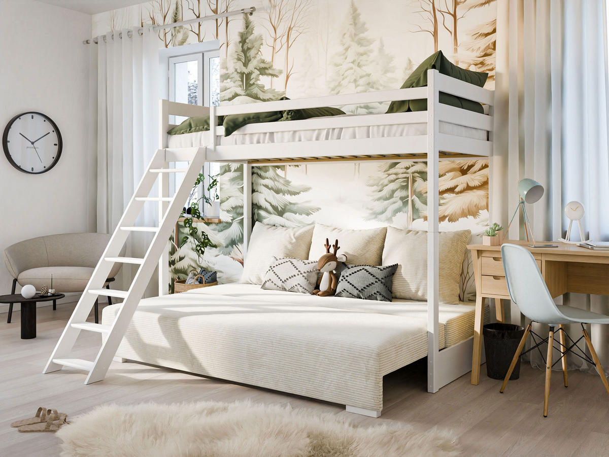 HOCHBETT mit Schlafsofa 200x140 cm in weiß und cremefarben - Creme/Weiß, Holz (140/200cm) - Kids Collective