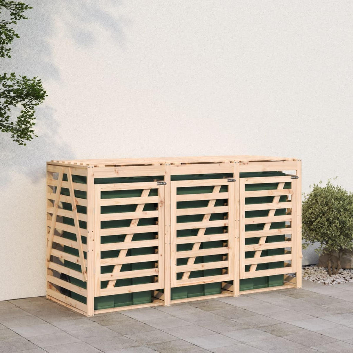 3ER Mülltonnenbox Kiefernholz BOUMI | 240x91,5x128,5cm Natur | Für 3 Tonnen - Naturfarben, Holz (240/128.5/91.5cm) - DELUKE