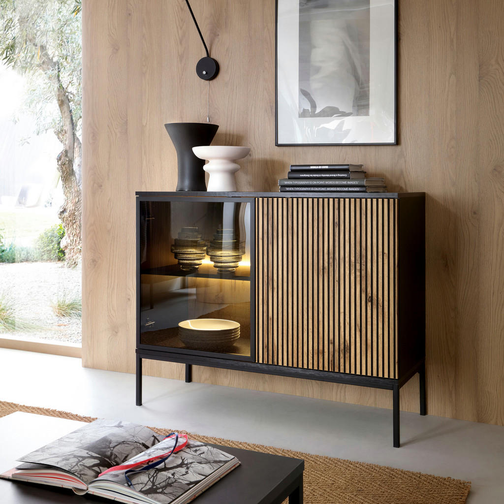 Thumbnail - Komodee Sideboard, Schwarz, Eiche Wotan, Glas, Holzwerkstoff, 2 Fächer, 104x83x39 cm, Wohnzimmer, Kommoden & Sideboards,...