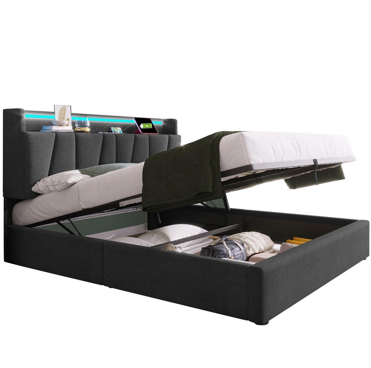 POLSTERBETT 140/200 cm mit LED-Beleuchtung, Stauraum-Kopfteil und USB in Grau - Grau, Textil (140/200cm) - BEAOK