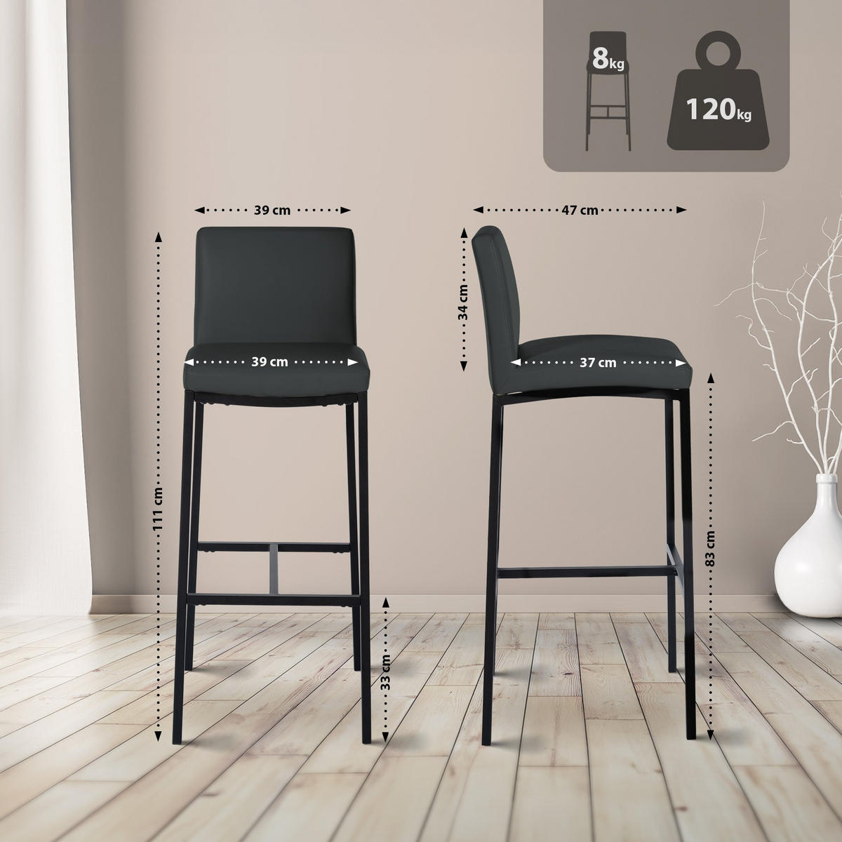 BARHOCKER Lederlook Dunkelgrau - Dunkelgrau/Schwarz, Textil/Metall (43/111/47cm) - CLP