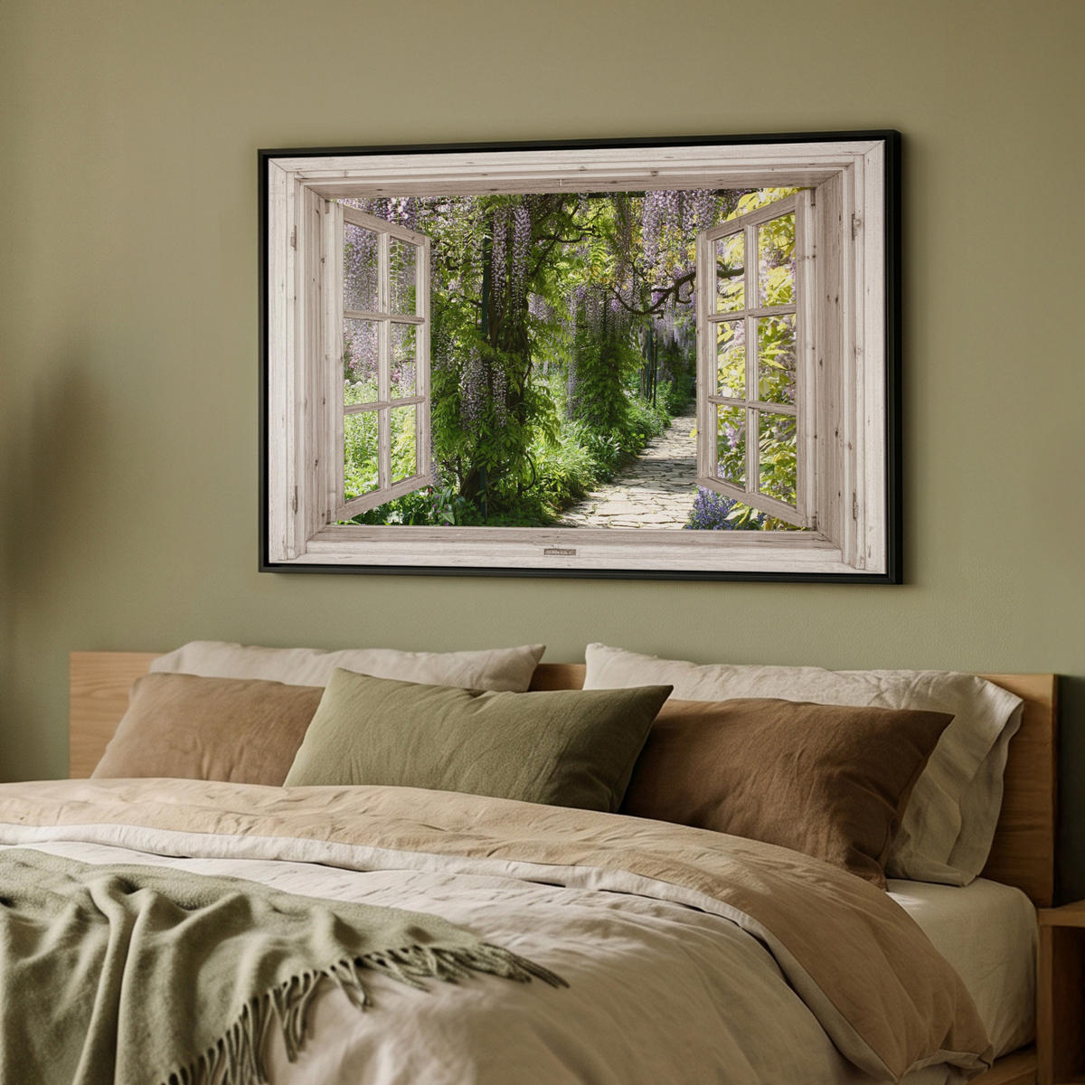 LEINWAND Bilder mit Rahmen - Blauer Regen - Blumen - Aussicht - Baum - Frühling - 90x60 - Grün, Textil (90/60cm) - MuchoWow