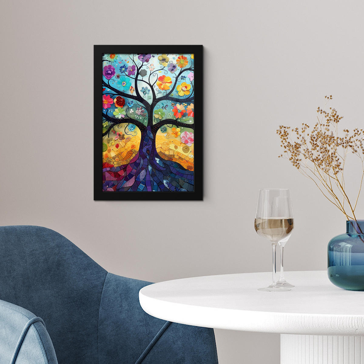 GERAHMTES BILD Kunst - Baum des Lebens - Blumen - Hippie 20x30 cm - Dunkelblau, Papier (20/30cm) - MuchoWow